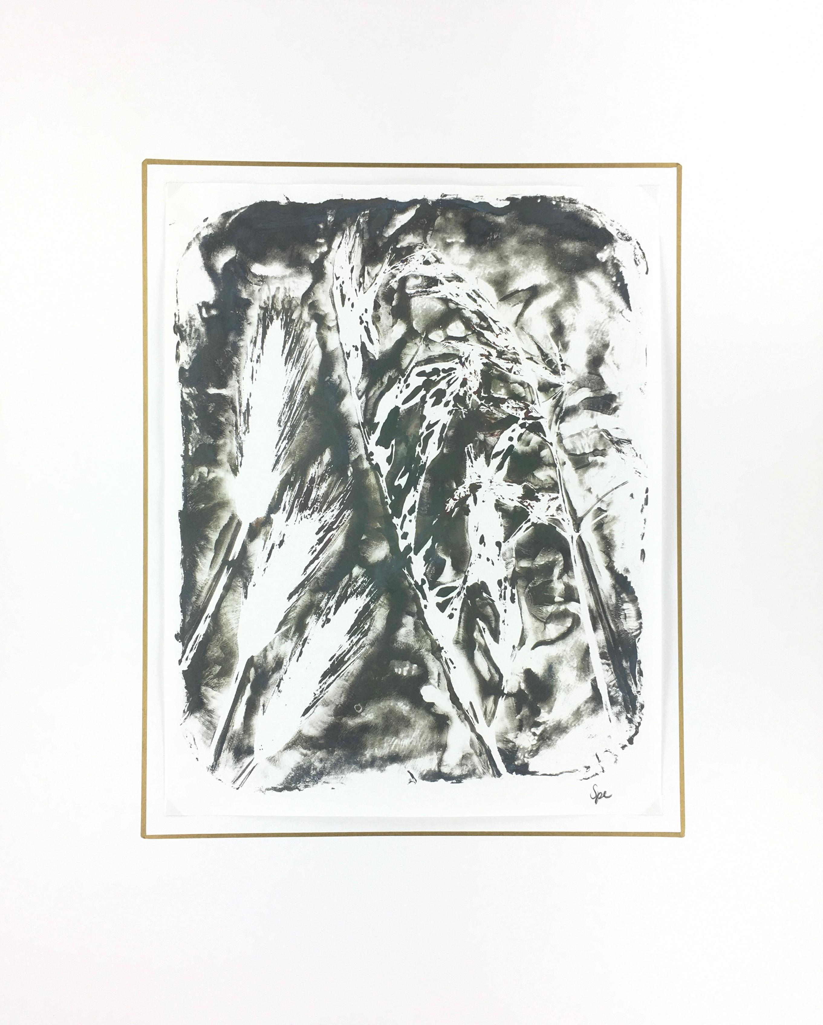 Modern abstract painting of grass and leaves by artist Spe, 2013. Signed lower right.  

Original artwork on paper displayed on a white mat with a gold border. Mat fits a standard-size frame.  Archival plastic sleeve and Certificate of Authenticity