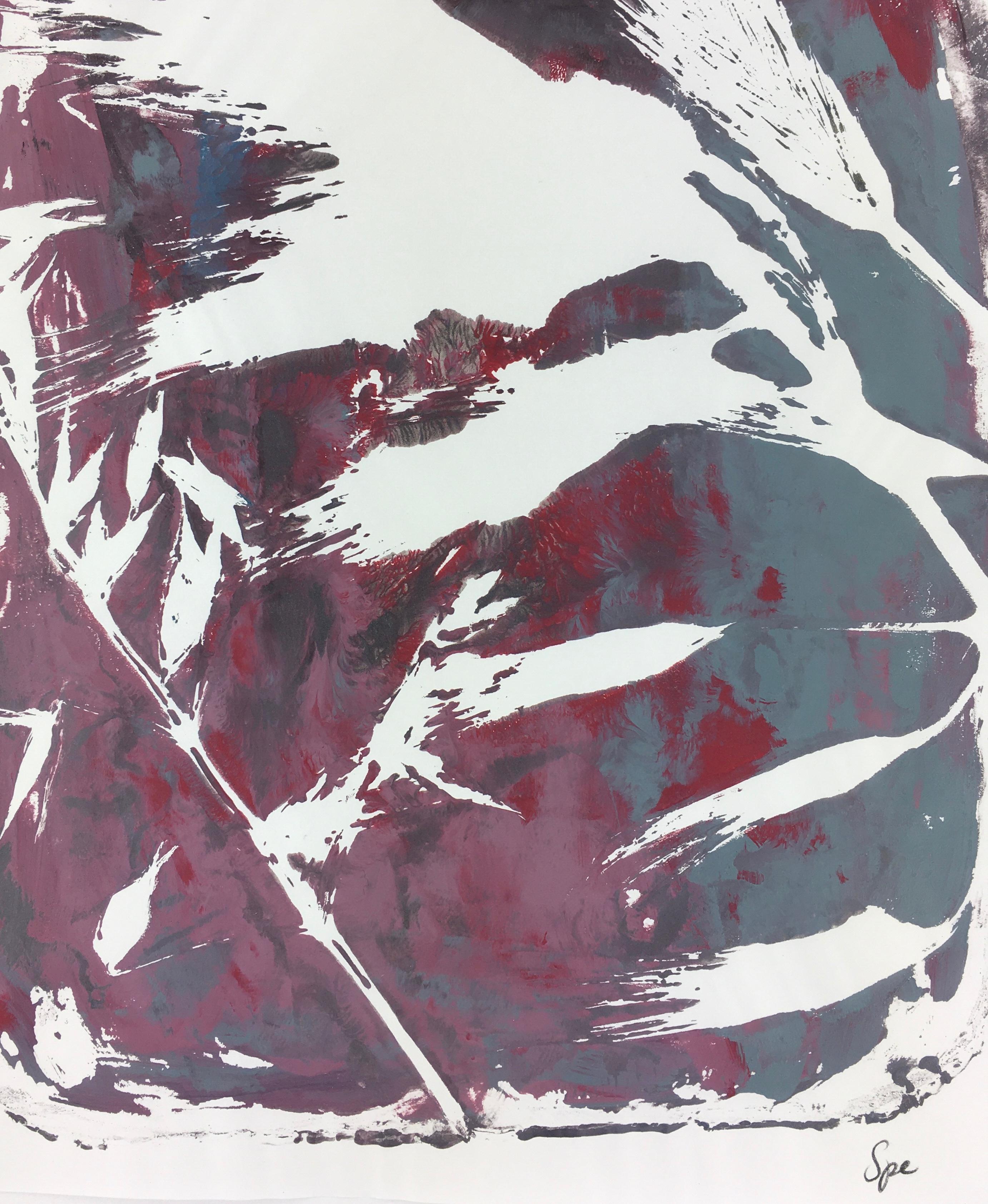Modern abstract painting of grass and leaves in reds and gray by artist Spe, 2013. Signed lower right.  

Original artwork on paper displayed on a white mat with a gold border. Mat fits a standard-size frame.  Archival plastic sleeve and Certificate