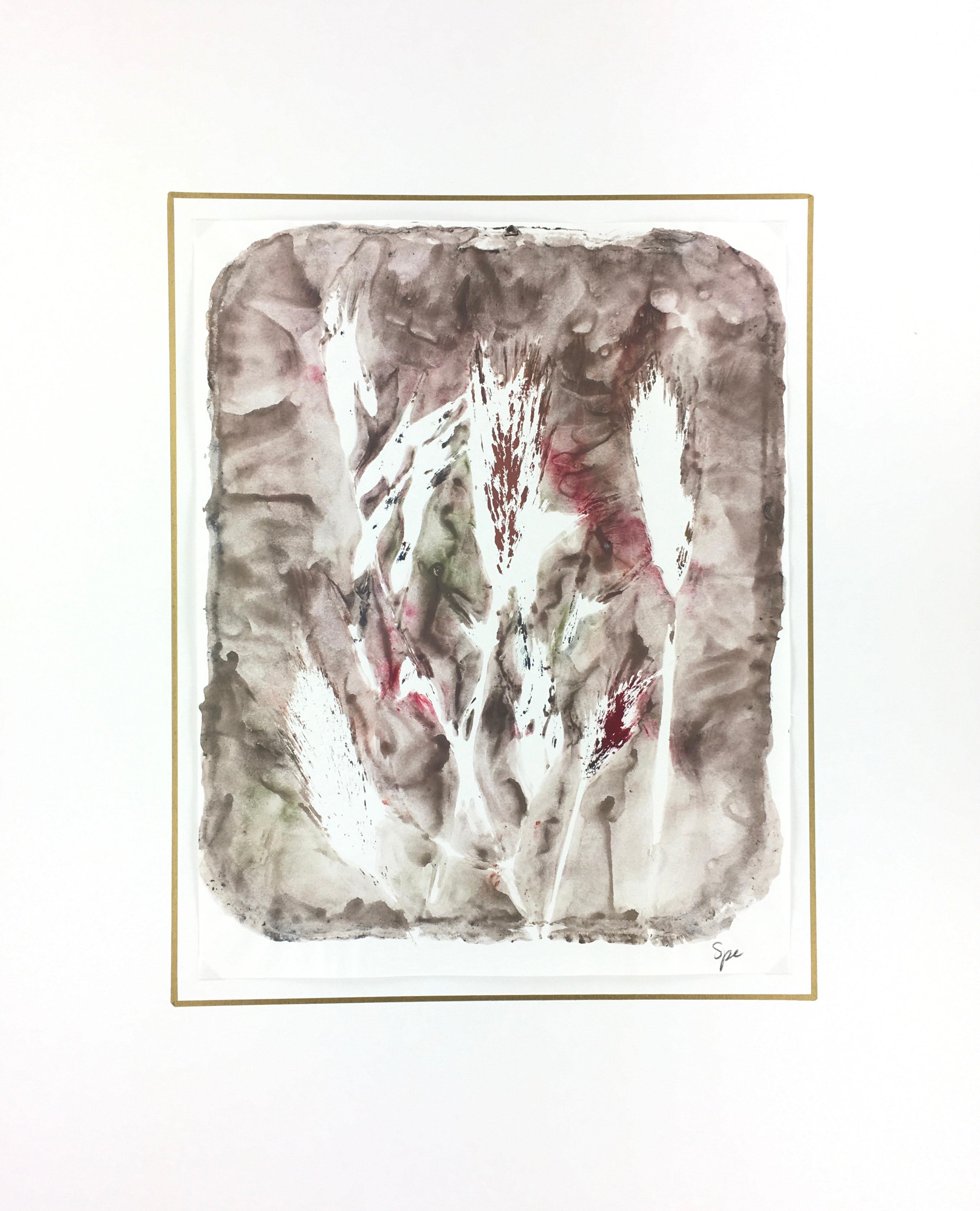 Modern abstract painting of grass and leaves by artist Spe, 2013. Signed lower right.  

Original artwork on paper displayed on a white mat with a gold border. Mat fits a standard-size frame.  Archival plastic sleeve and Certificate of Authenticity