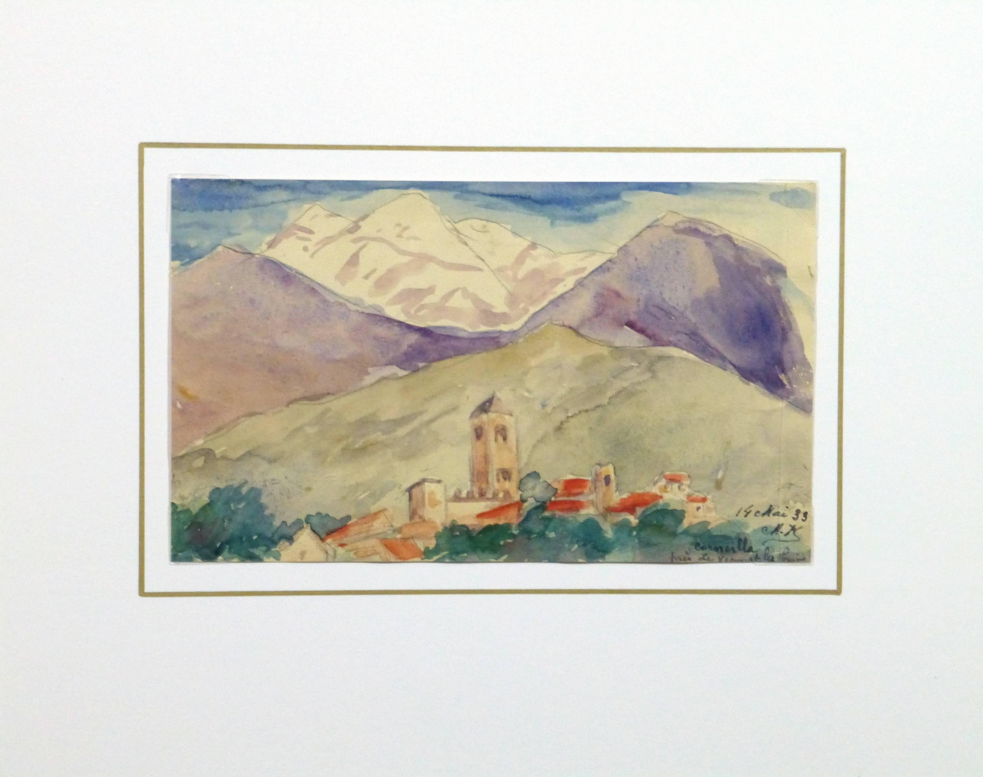 Vintage French watercolor is a colorful take on the small mountainside town of Cornélia, located in the western Pyrenees by M. Kesseler, 1933. Signed, titled and dated lower right.

Original one-of-a-kind artwork on paper displayed on a white mat
