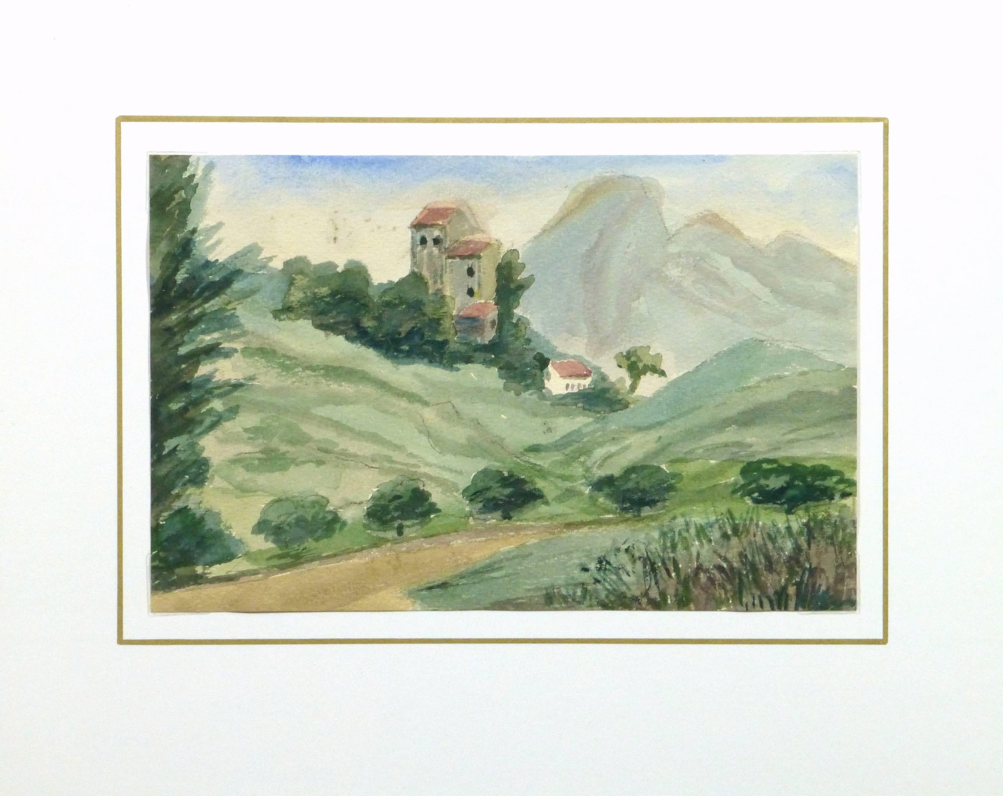 Welcoming scene of small villas backed by mountain tops in the town of Chemin des Salles, France by M. Kesseler, circa 1935. 

Original one-of-a-kind artwork on paper displayed on a white mat with a gold border. Mat fits a standard-size frame.