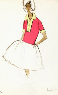 Vintage Balmain French Fashion Sketch - Couture Tennis Dress, c. 1960