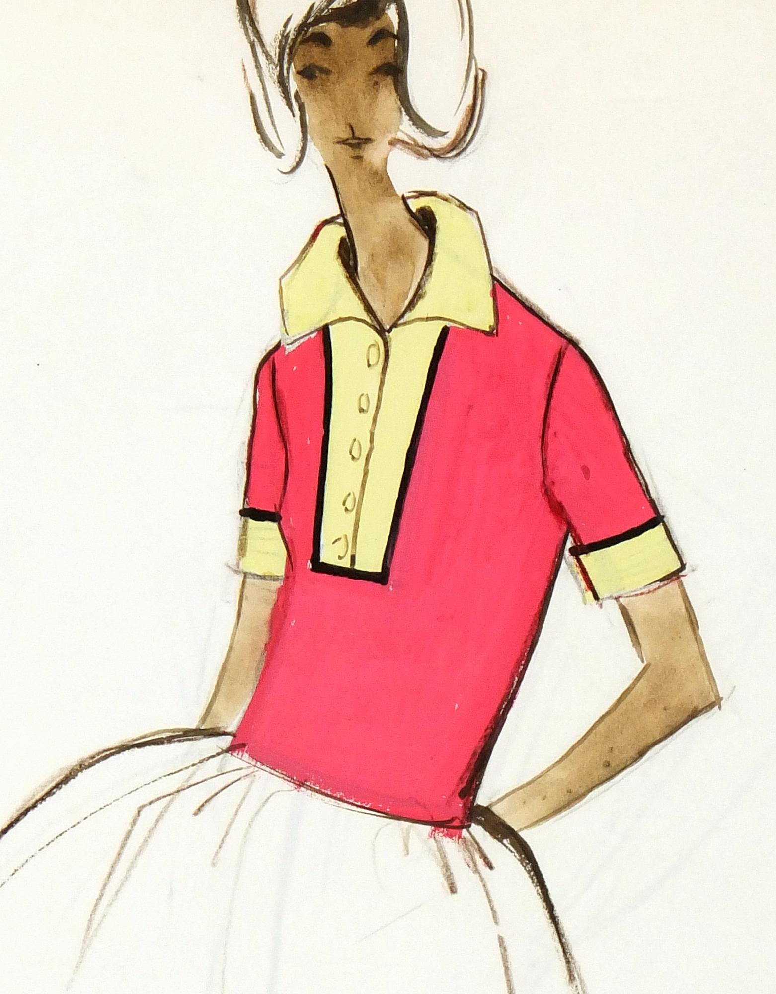 Vintage Balmain French Fashion Sketch - Couture Tennis Dress, c. 1960 - Art by Pierre Balmain