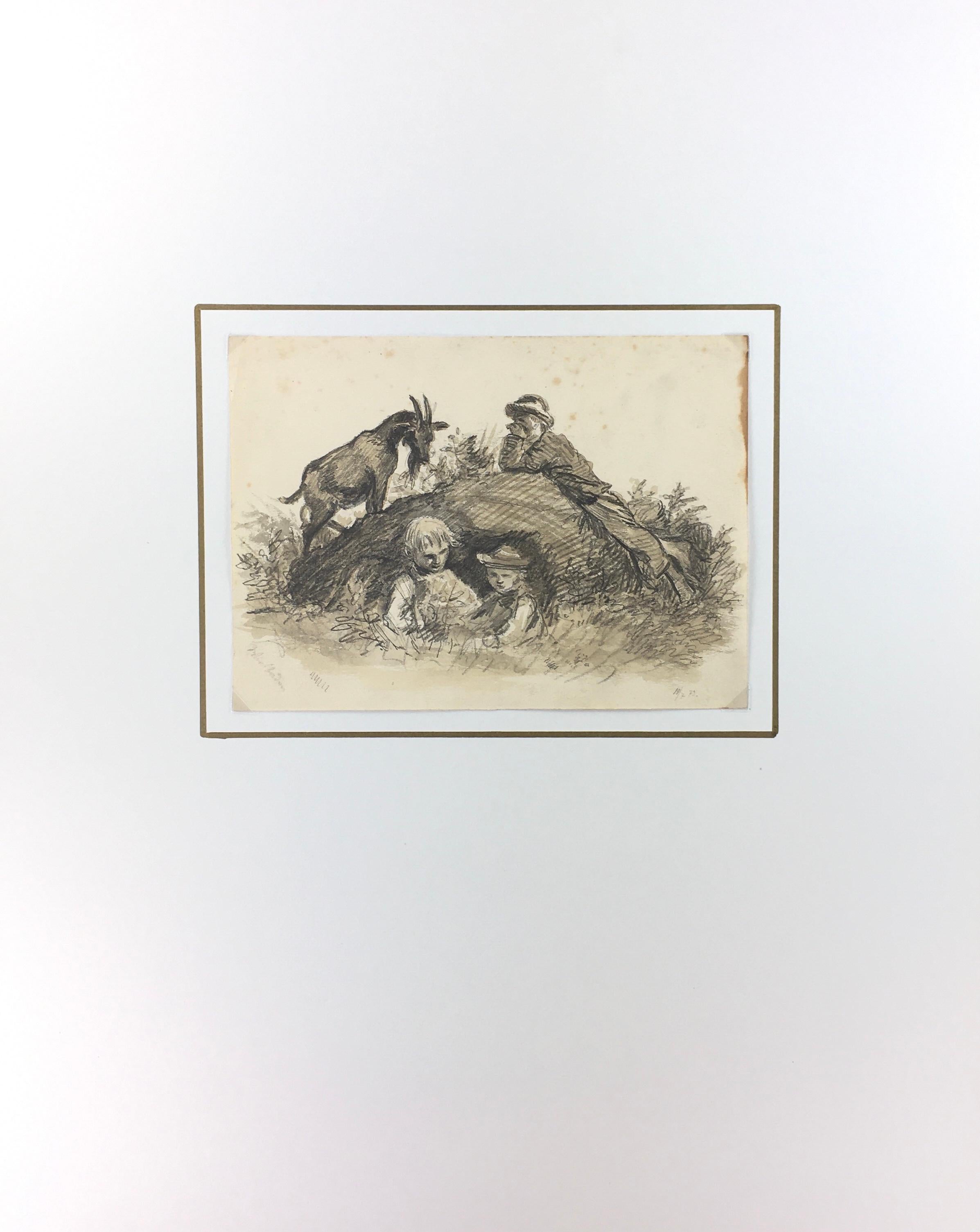 Französische Aquarell- und Bleistiftzeichnung aus dem Jahr 1873, die wahrscheinlich einen Vater, seine beiden kleinen Söhne und ihre Ziege zeigt, die in einer ruhigen ländlichen Umgebung entspannt zusammenleben. Die Kinder scheinen am Fuße eines