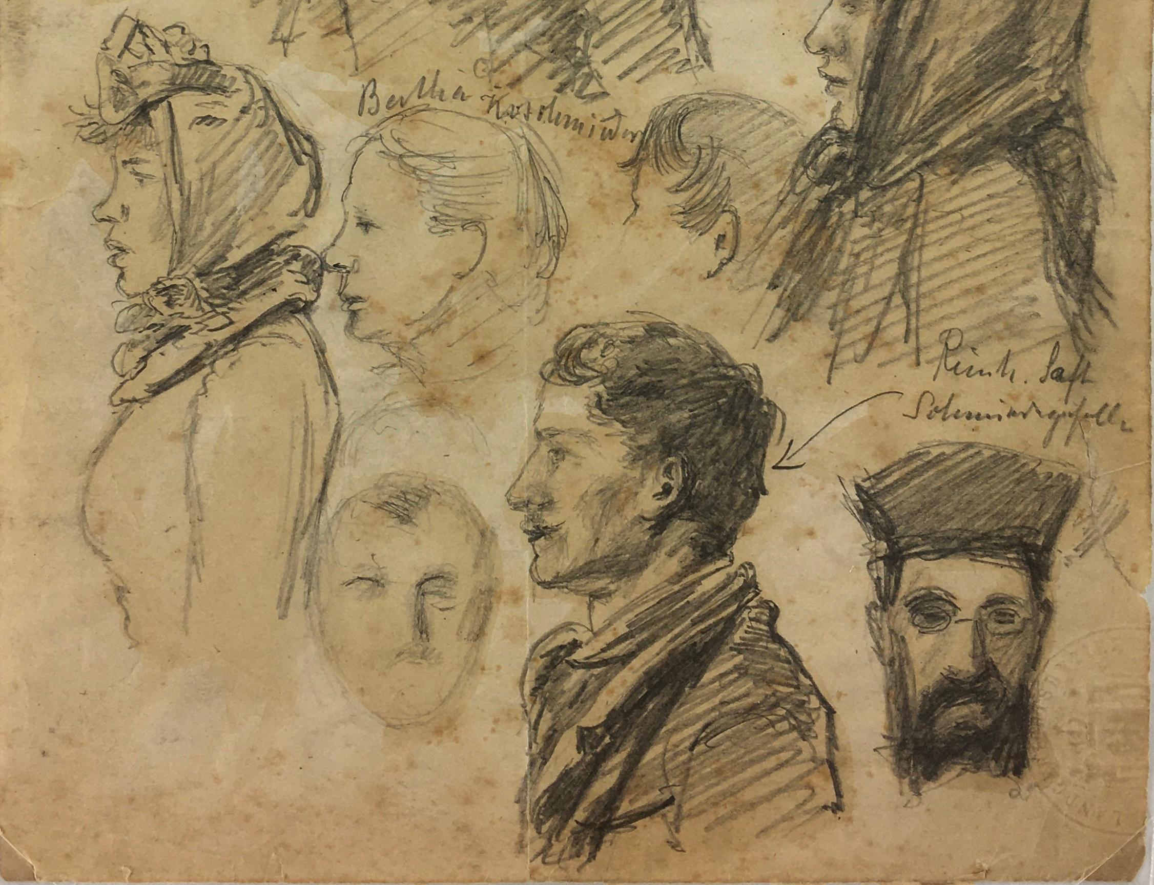 Zeichnung mit abstraktem Bleistift - Porträtstudien (Braun), Figurative Art, von Unknown
