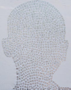 "WHO AM I ? 88" - Contemporary Buddhist Art, Head, Silver, Letters, Numbers. 