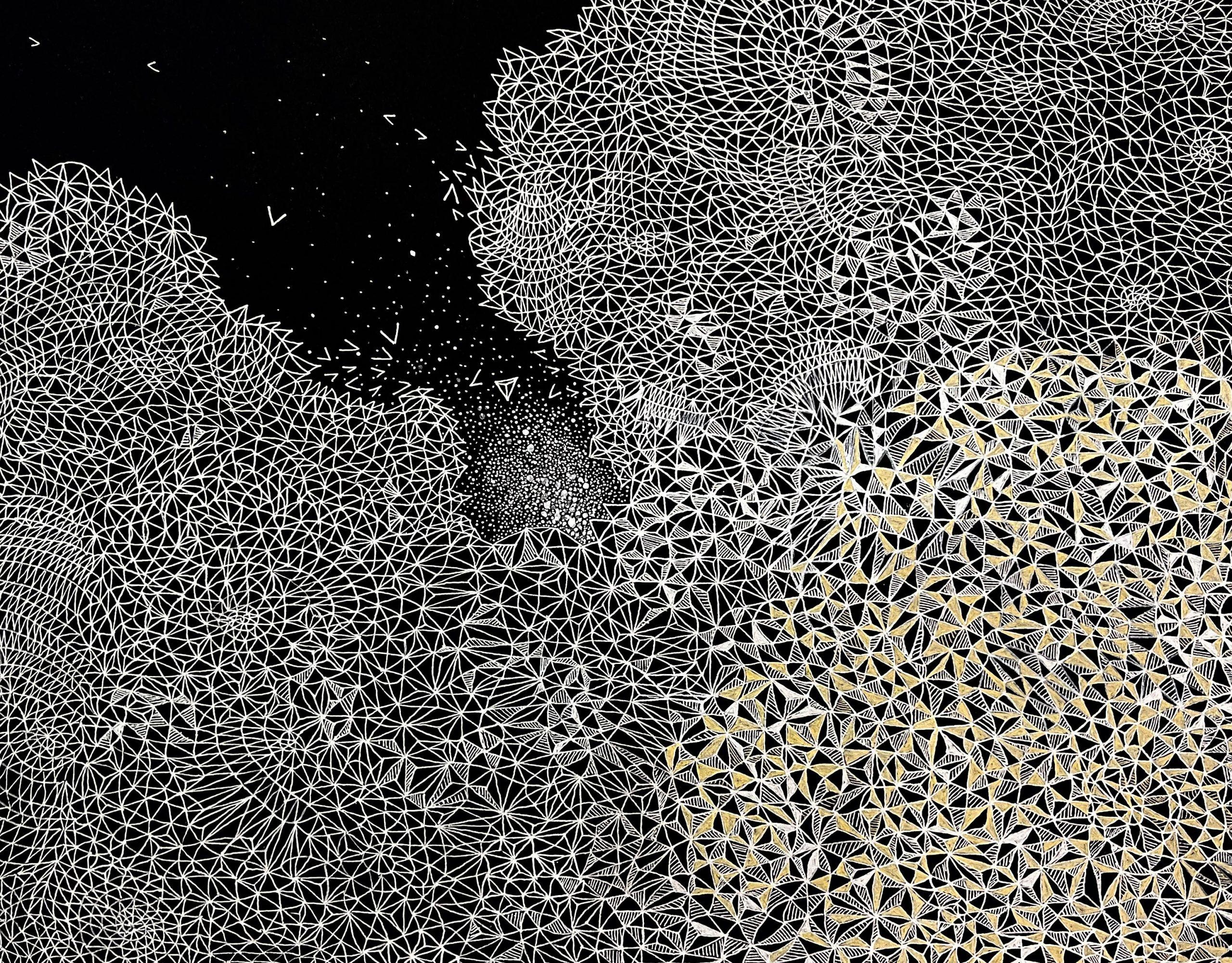 Curra Rueda Abstract Drawing - The frontier of the eternal, paper, gold, black and white, constellations, lines