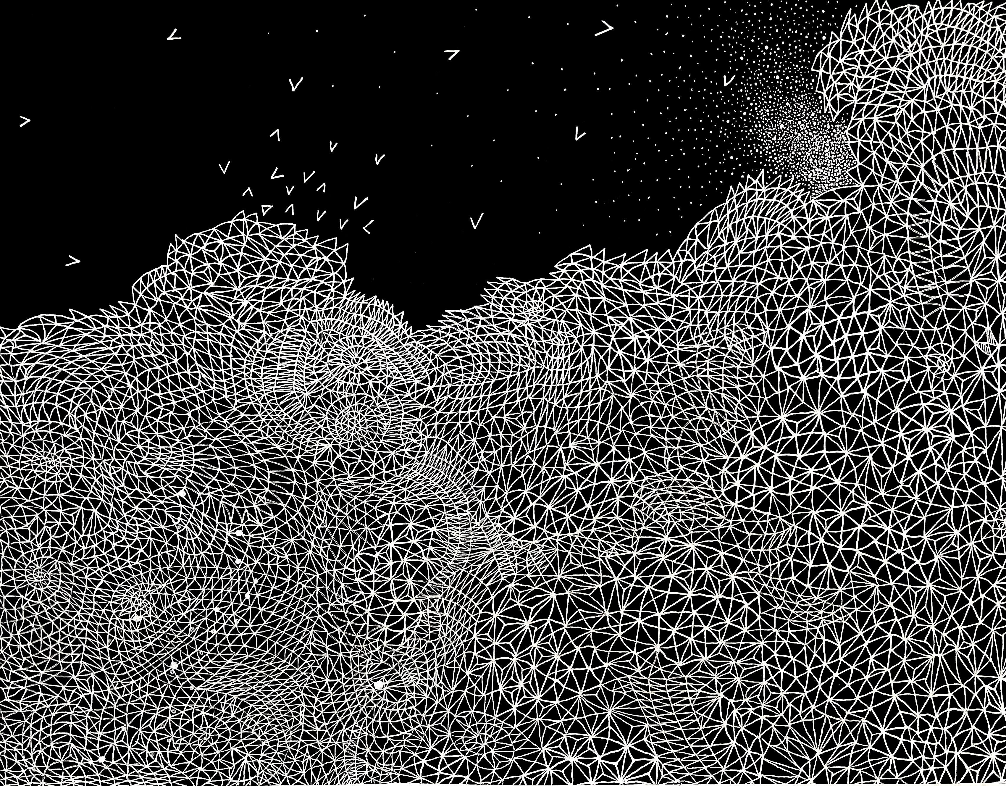 Curra Rueda Abstract Drawing - Making my night light, black and white, lines, infinity webs, stars, soul