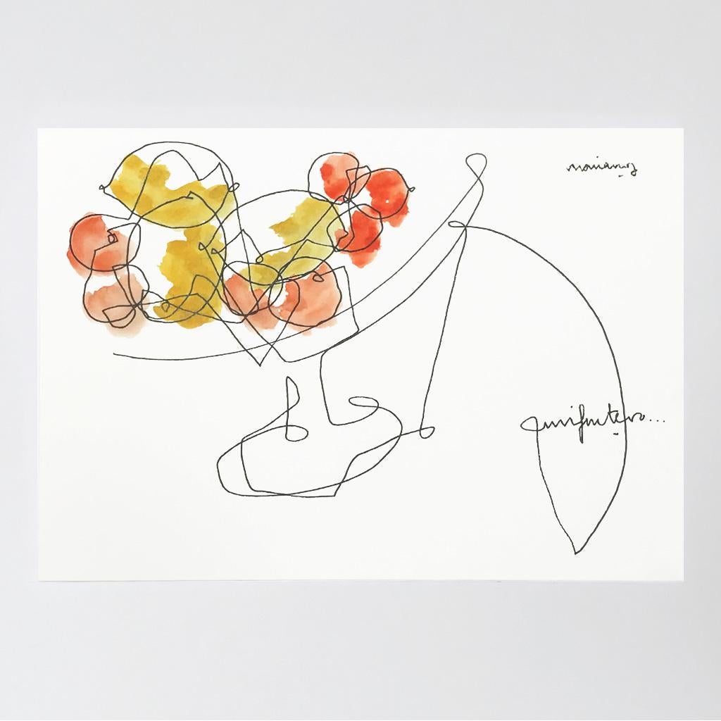 Mariano Martín Figurative Painting - Fruits Vase Watercolor Drawing Mariano Martin Yellow Orange 