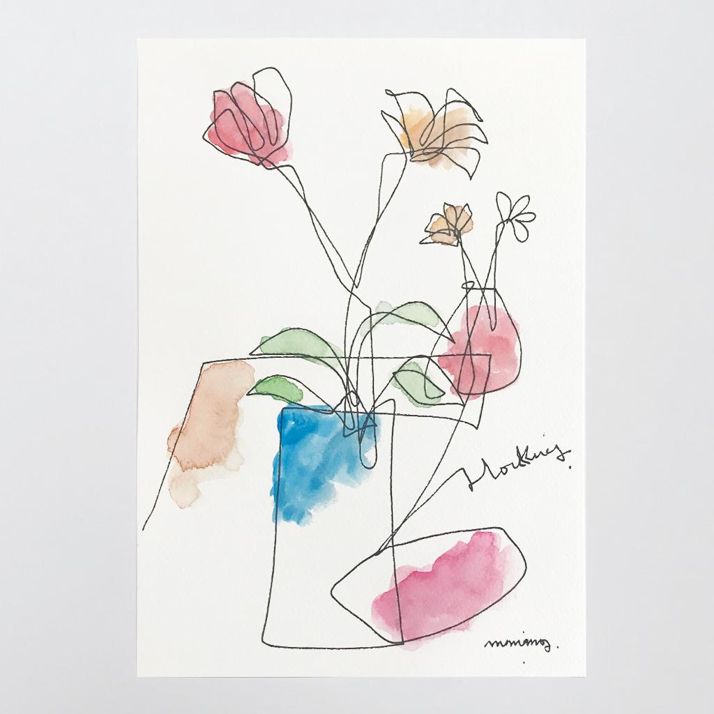 Flower Vase Blue Pink Watercolor Drawing Mariano Martin