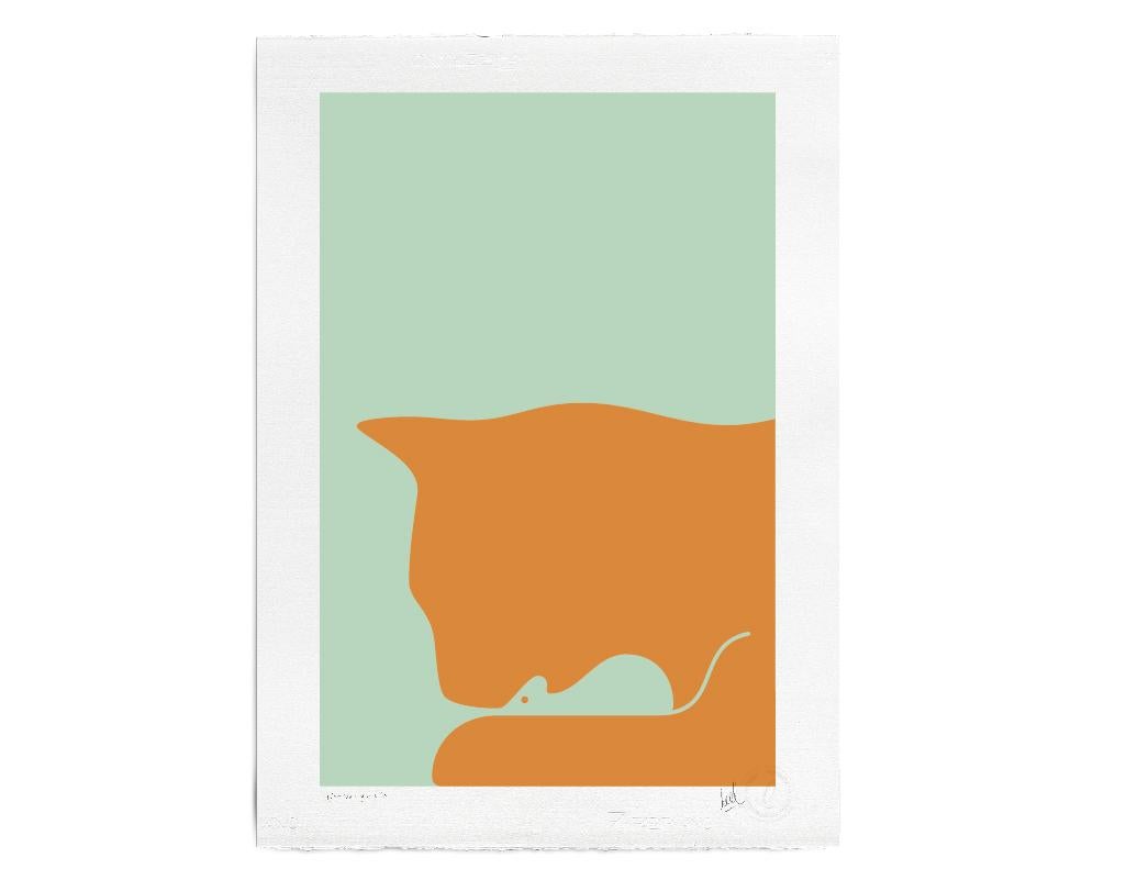Cat and Mouse Orange Green Paper Serigraphy Guillermo Leal 