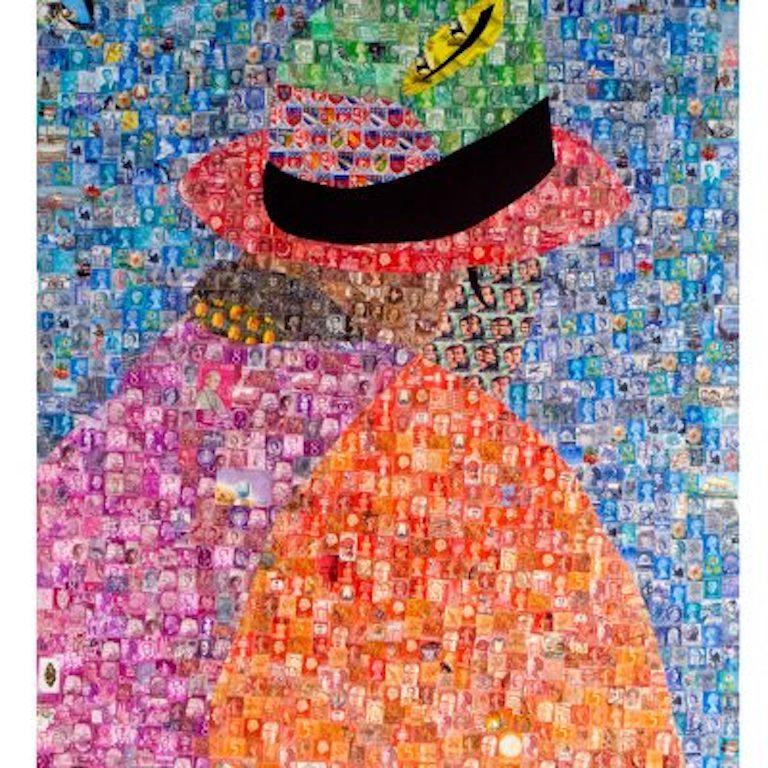 Luigi Rodriguez Abstract Painting - Spanish Voyeur I stamps portrait Luigi Rodríguez multicolor red ble orange