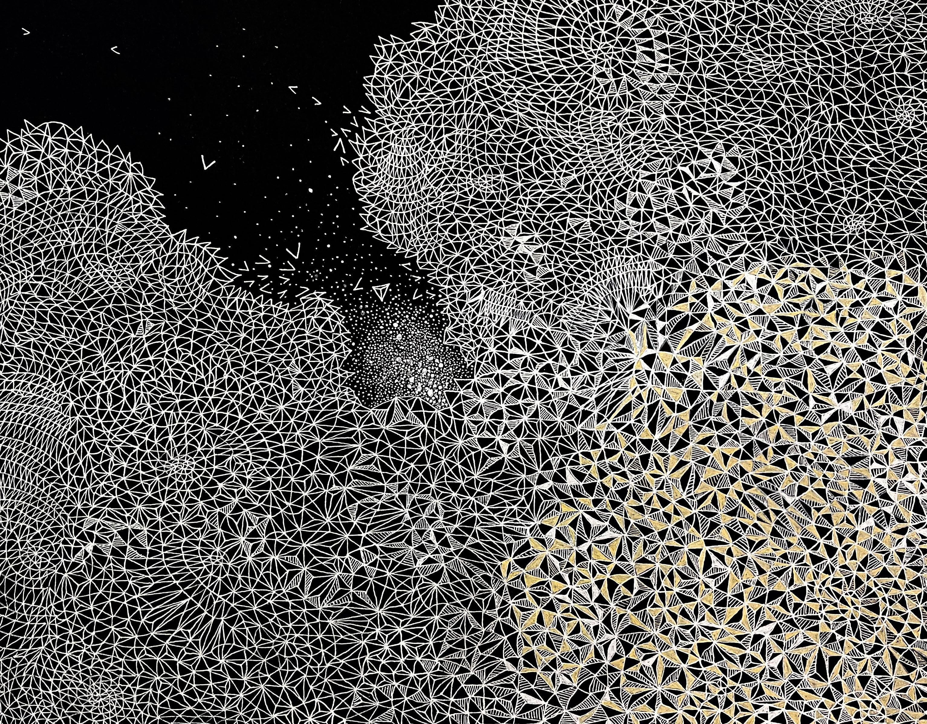 The frontier of the eternal, paper, gold, black and white, constellations, lines - Art by Curra Rueda