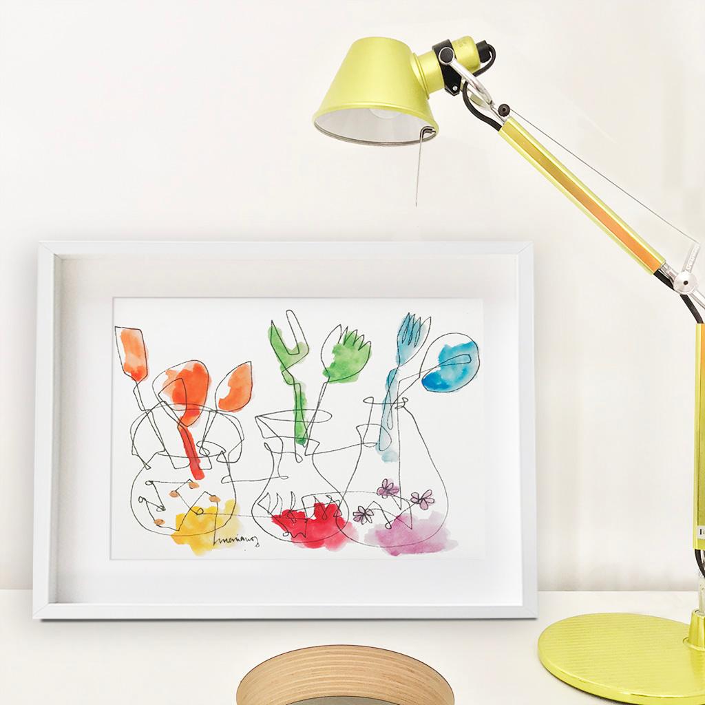 Mariano's Things 04 Flower Pot Cutlery Watercolor Paper Drawing Mariano Martin - Painting by Mariano Martín