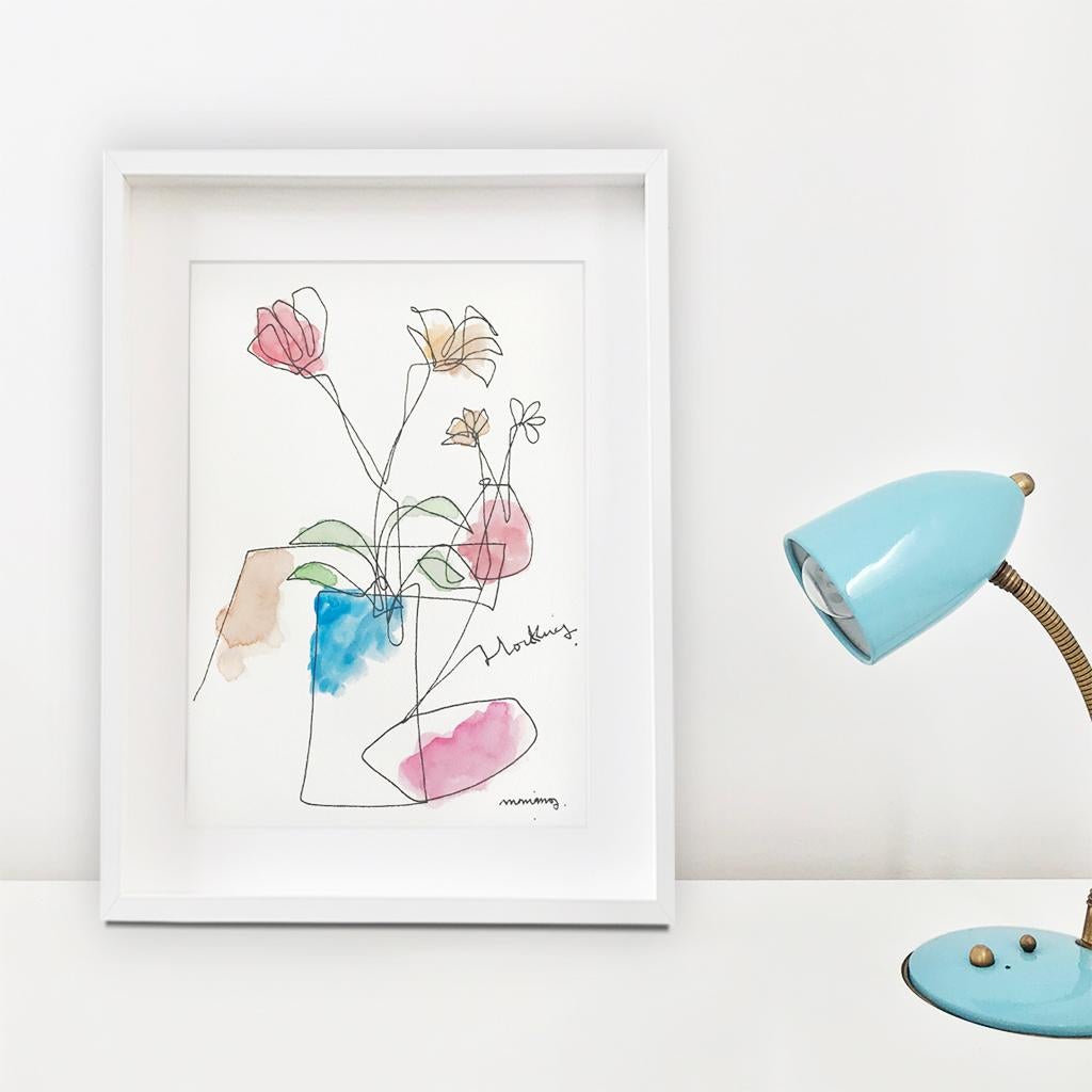 Flower Vase Blue Pink Watercolor Drawing Mariano Martin - Painting by Mariano Martín