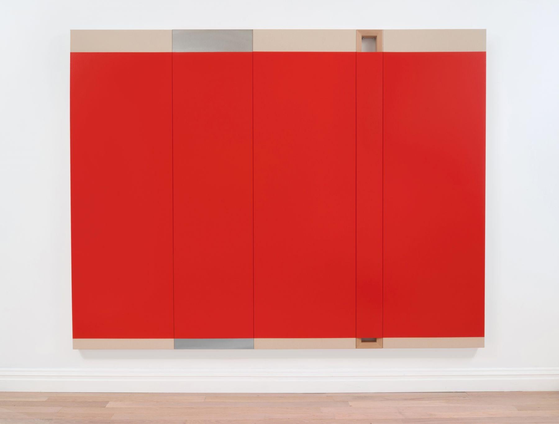 Max Estenger Abstract Painting - MAX ESTENGER Red (five panels), 2017 Oil on canvas, Stainless Steel clear vinyl