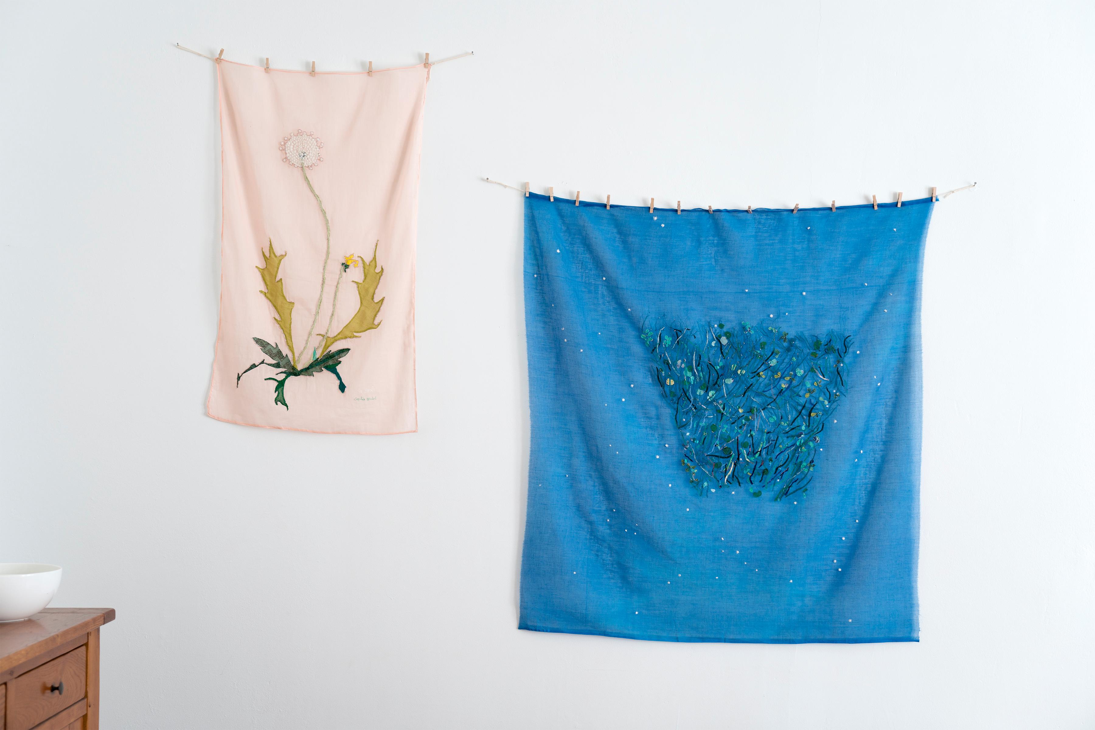 This work is an embroidery, a work on a delicate organza fabric. Medium: Organza fabric, silk threads and beads. Its a light almost transparent blue Organza fabric with beautiful stitches.

Meadow Under The Stars, showcases Benini's poetic
