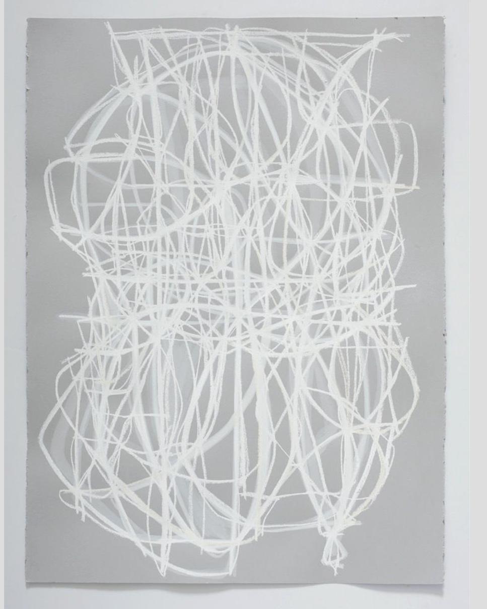 White pastel on grey paper. CARIN RILEY (b. 1949 in New York, lives and works in New York)
 
Riley works almost exclusively in painting and drawing and her motifs are often based on still lifes . An abstractionist who frequently works on paper,