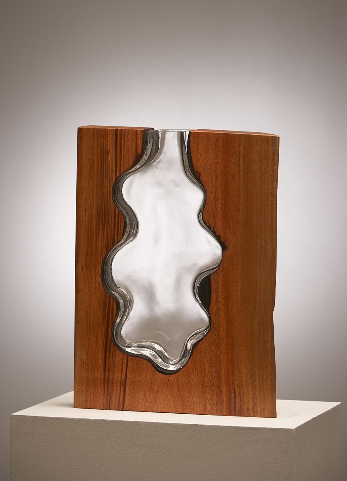 Scott Slagerman / Jim Fishman Abstract Sculpture - Hand Blown Clear Glass with Live Edge Wood  "Vase" Sculpture, Scott Slagerman