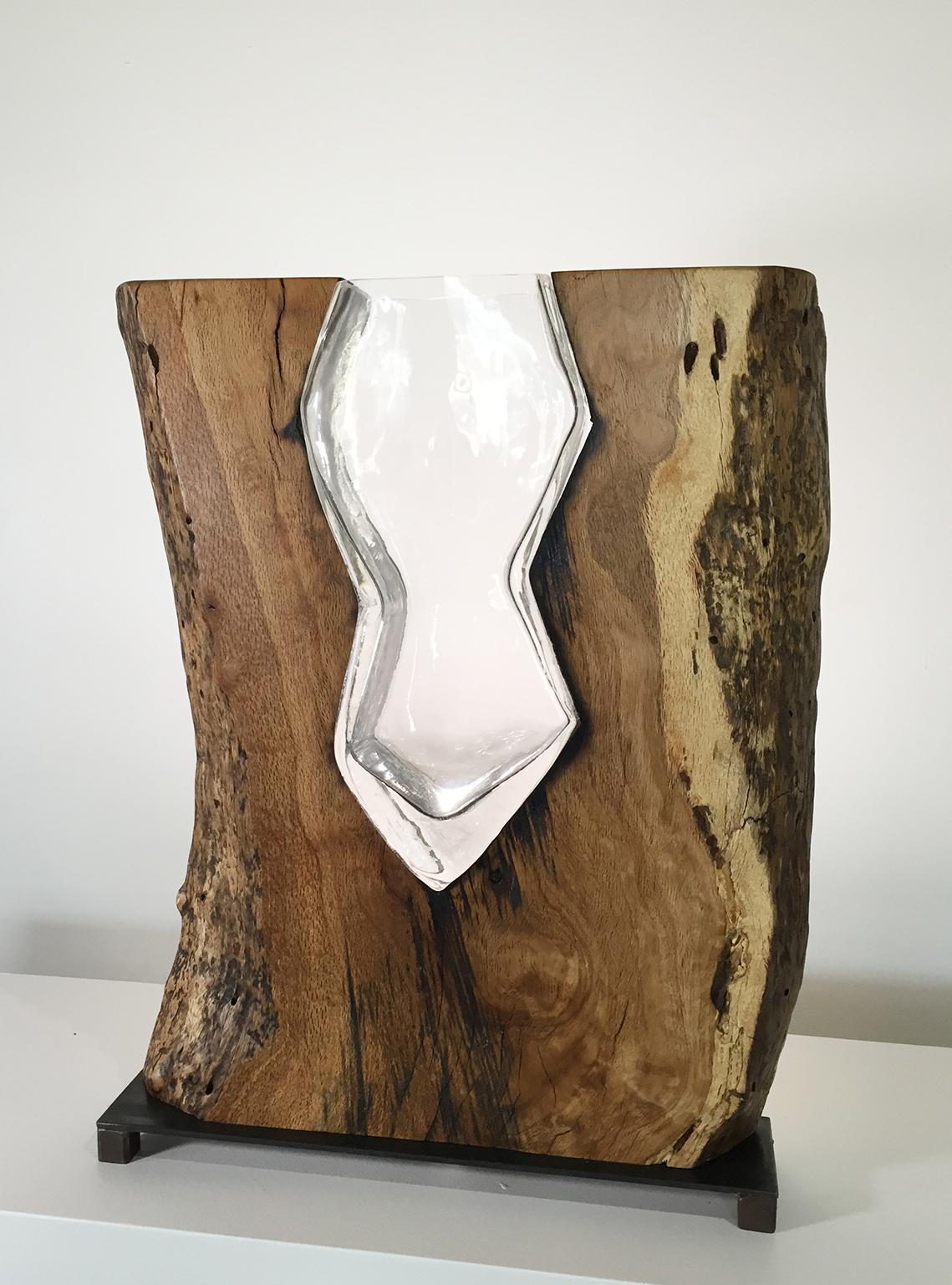 Hand Blown Clear Glass with Live Edge Wood, Vase Sculpture, Scott Slagerman - Mixed Media Art by Scott Slagerman / Jim Fishman