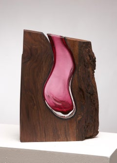 Walnut with Hand Blown Ruby Glass  Vase, Sculpture, Scott Slagerman