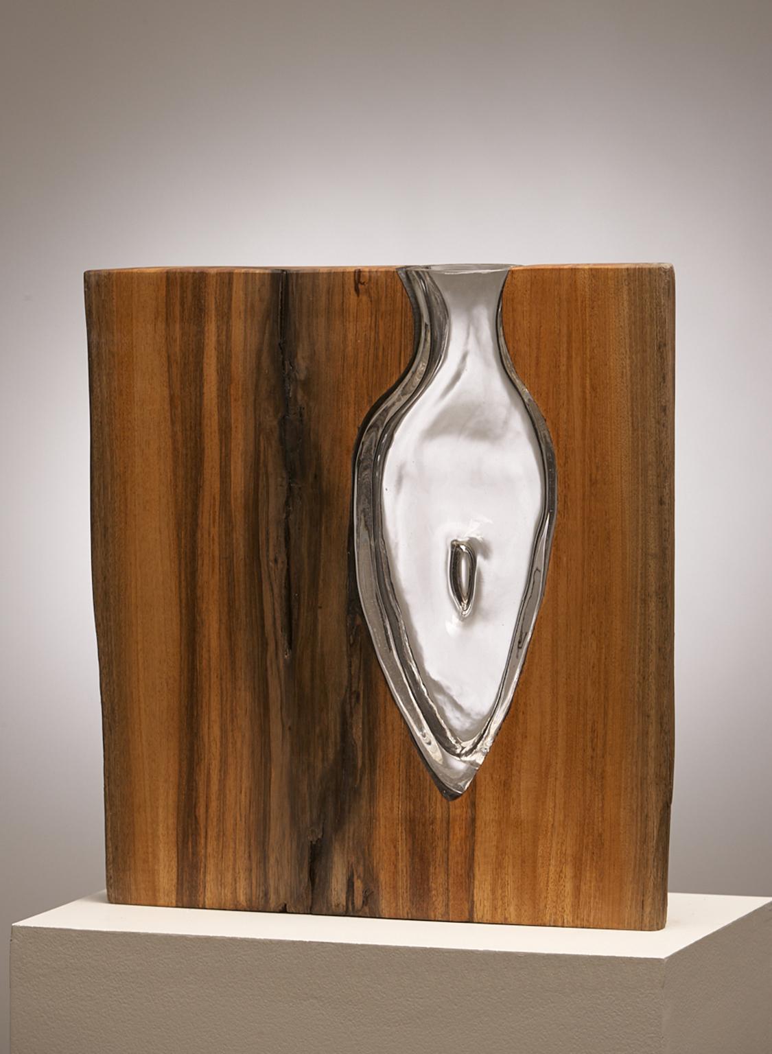 Hand Blown Clear Glass  with Live Edge Wood Vase Sculpture, Scott Slagerman - Mixed Media Art by Scott Slagerman / Jim Fishman