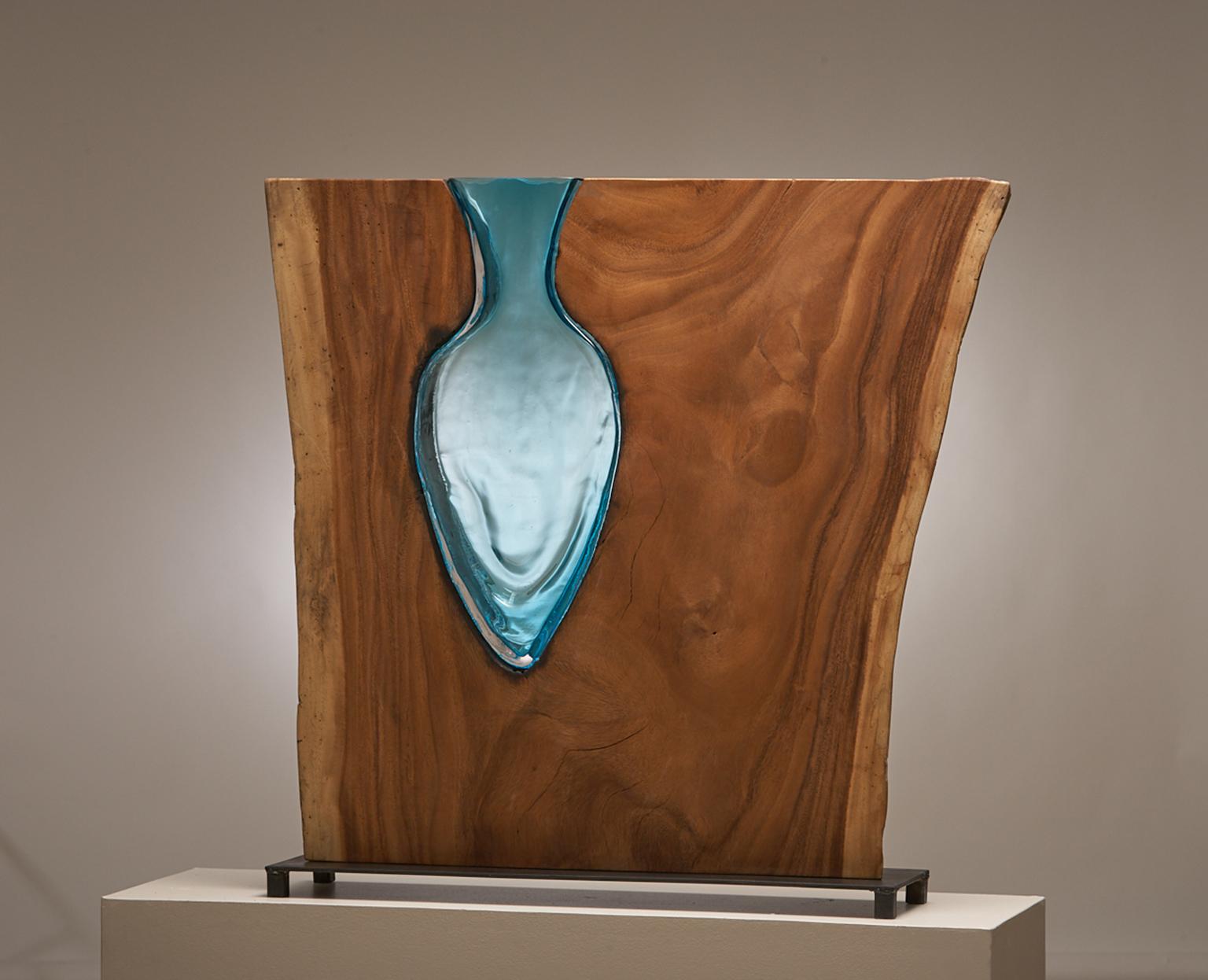 Hand Blown Aqua Glass Amphora with Live Edge Wood Vase Sculpture Scott Slagerman - Mixed Media Art by Scott Slagerman / Jim Fishman
