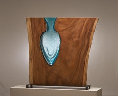 Hand Blown Aqua Glass Amphora with Live Edge Wood Vase Sculpture Scott Slagerman