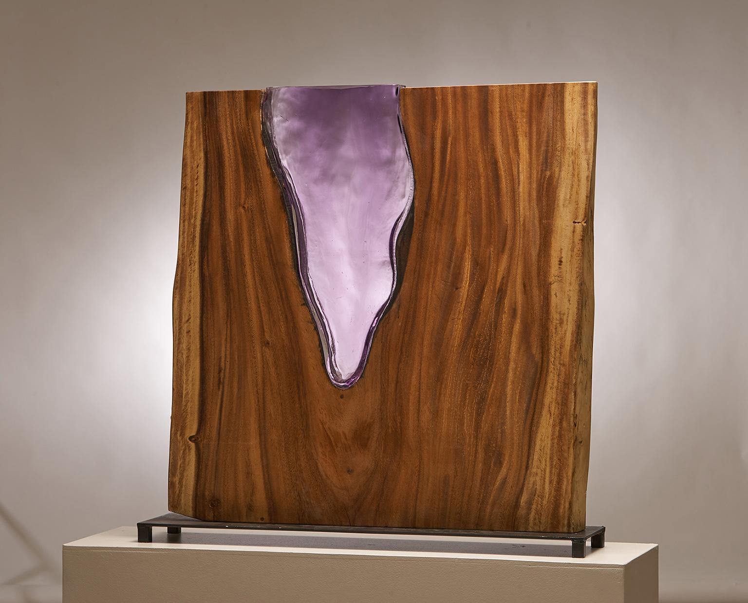 Hand Blown Amethyst Glass with Live Edge Wood Vase Sculpture, Scott Slagerman - Mixed Media Art by Scott Slagerman / Jim Fishman