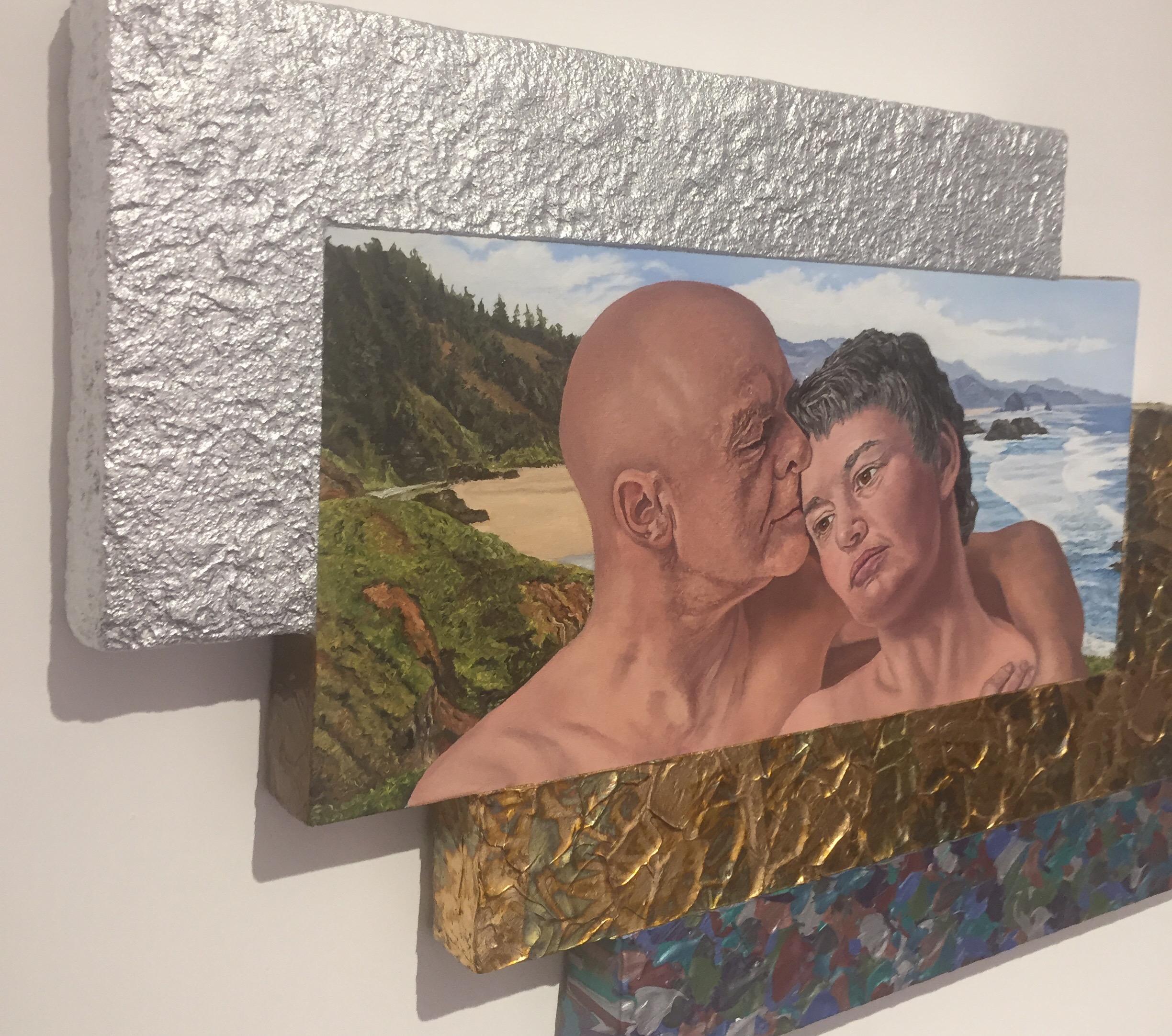 A touching moment by artist Jack Reilly from his Eros, Love and Myth series, depicting love against hate. The work is stretched canvas over sculpted stretcher bars, oil, acrylic polymers, grout, gold leaf, silver leaf on shaped canvas. 


Jack