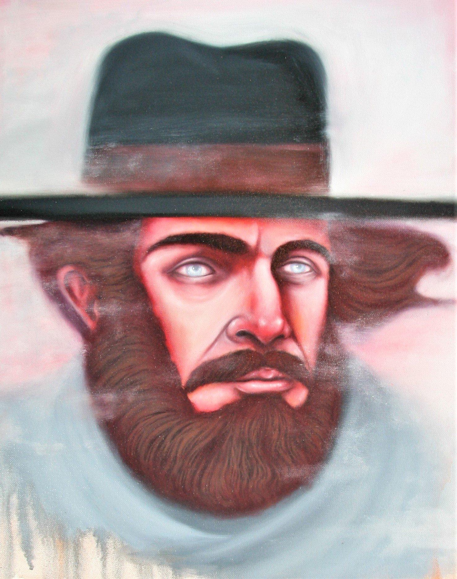 Mike Maxwell Portrait Painting - Pale eyed stranger observing the battle from a snowy ridge above