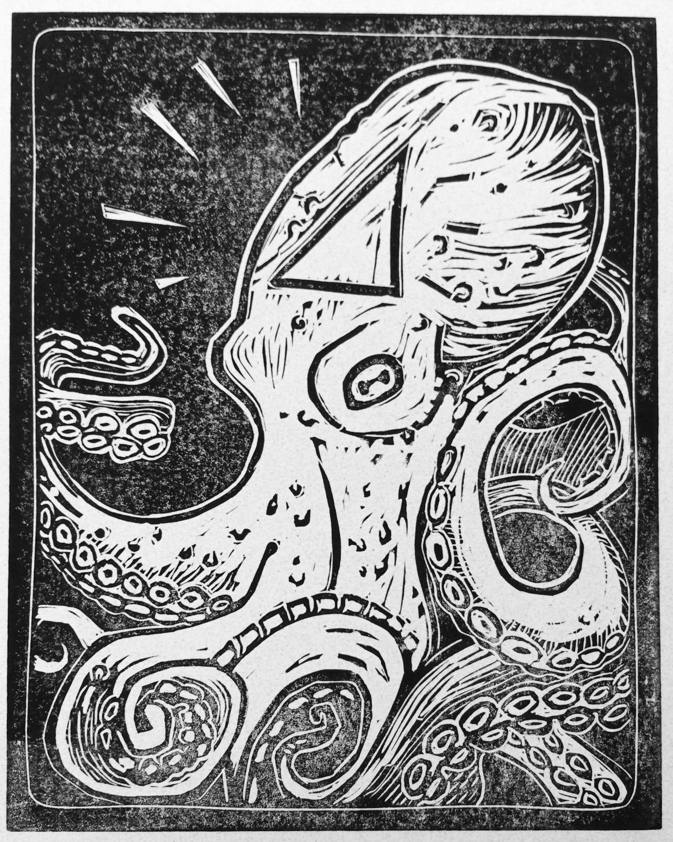 Linocut Octopus - Mixed Media Art by Maud Besson