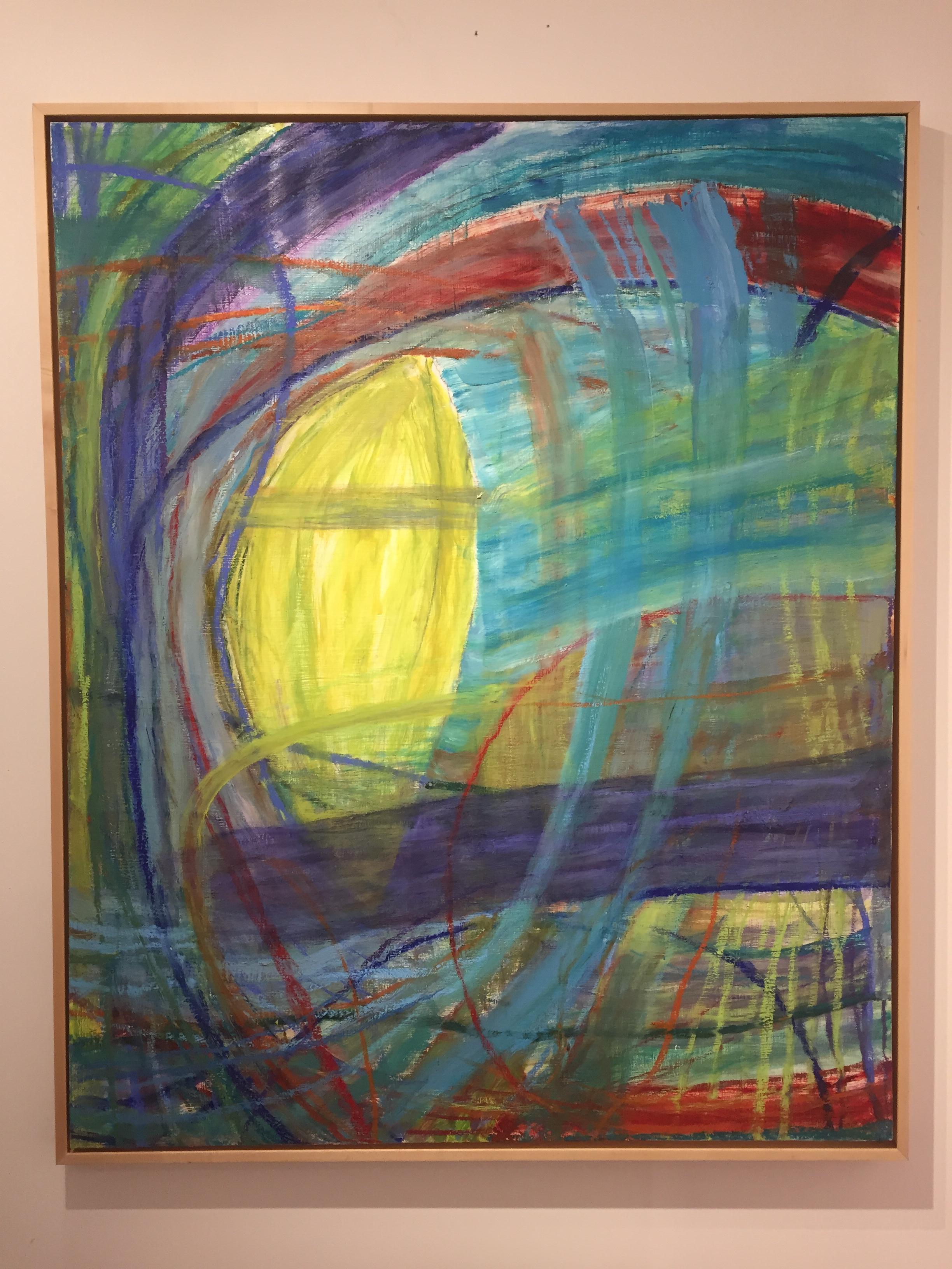 Abstract artwork dominated by lime green and various shades of blue. 