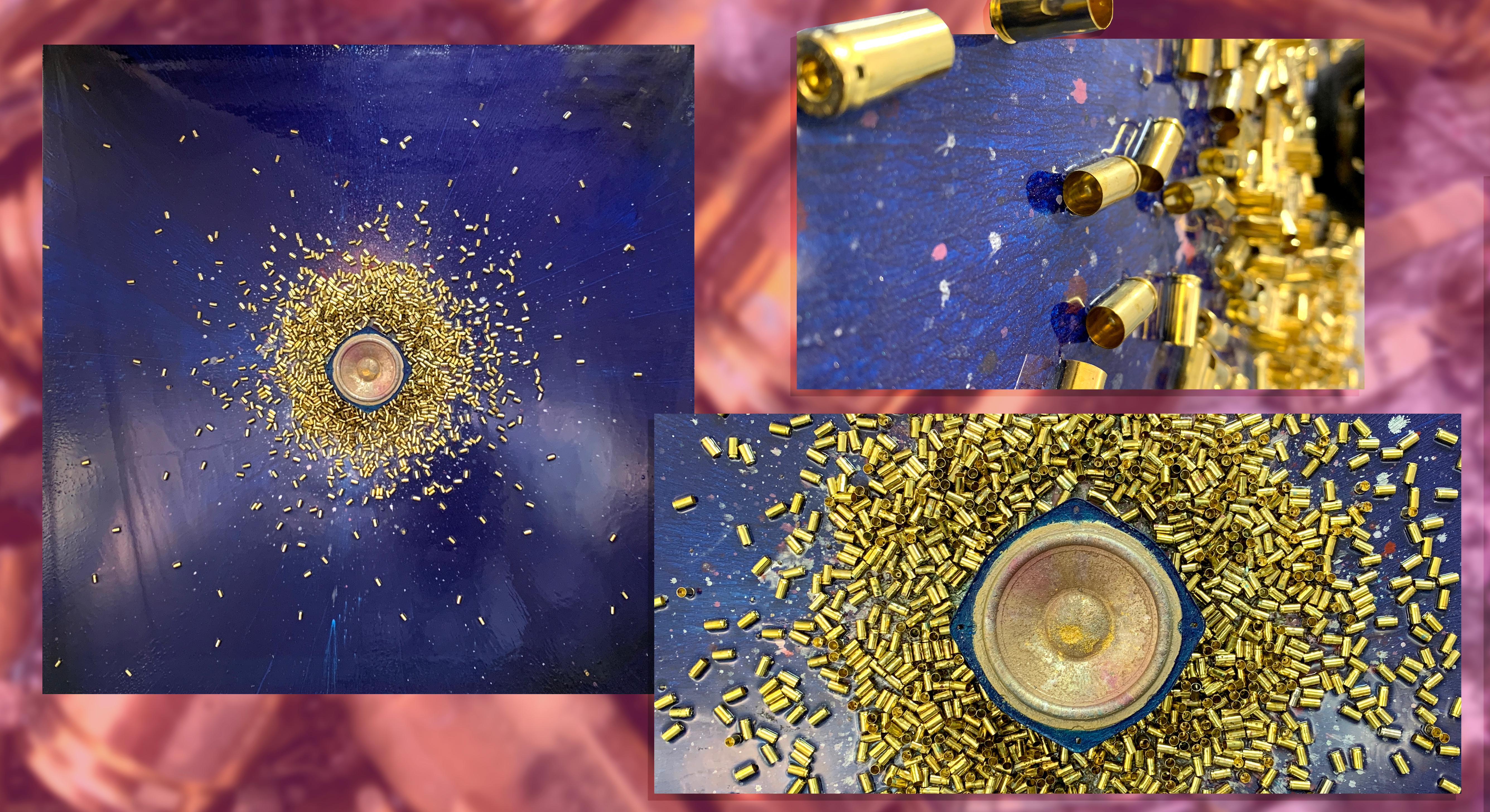 Speaker Mounted on Canvas
9mm Bullet
24 k Gold
5 Carat Diamond Dust
Shredded USD's
Hemp Seeds
Acrylic Paint 
Artist Powder
Enamel
Epoxy

This painting was created by Painting with Sound using Childish Gambino's This is America hit song on loop to