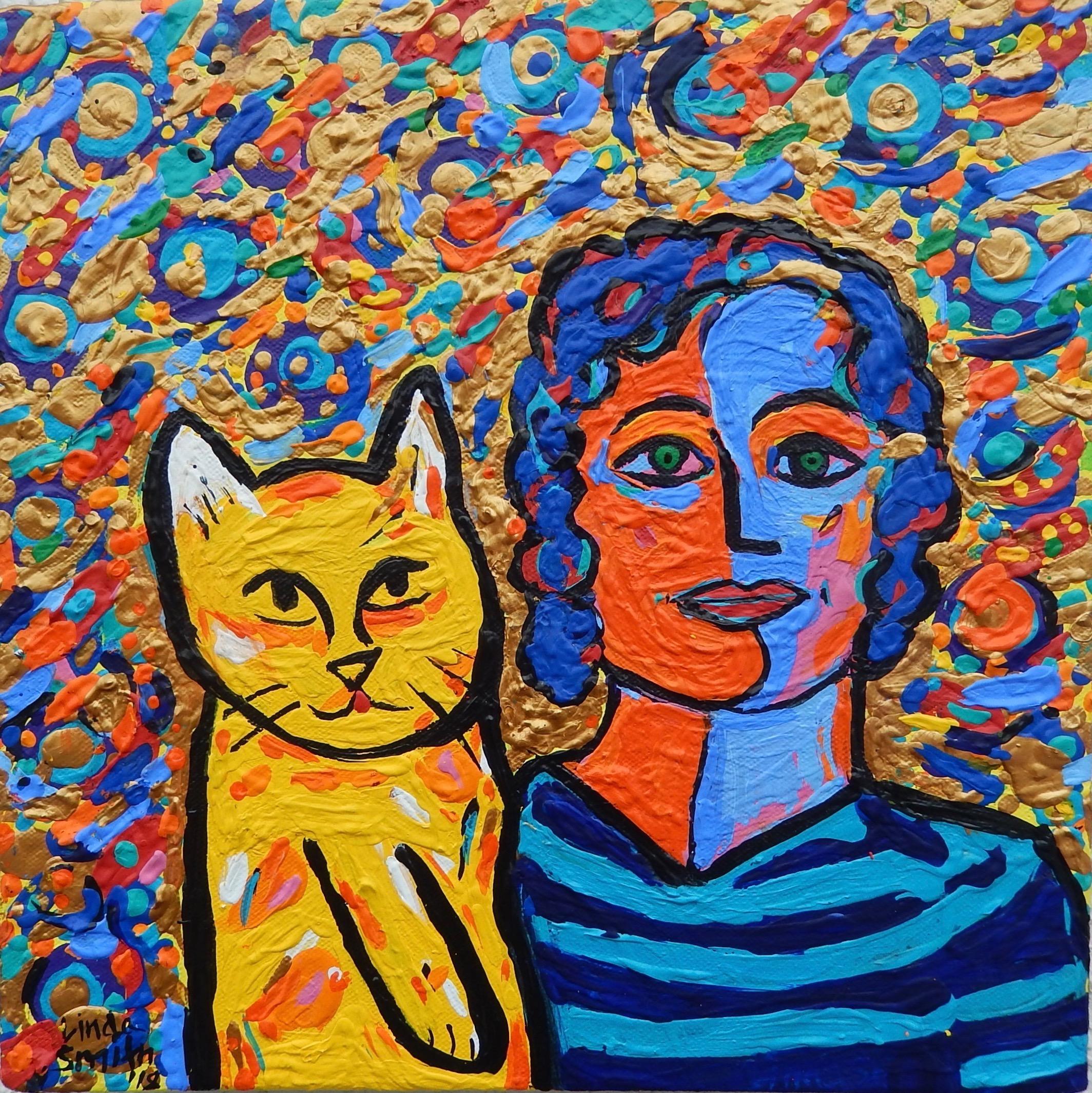 Yellow Cat & Woman - Painting by Linda H. Smith