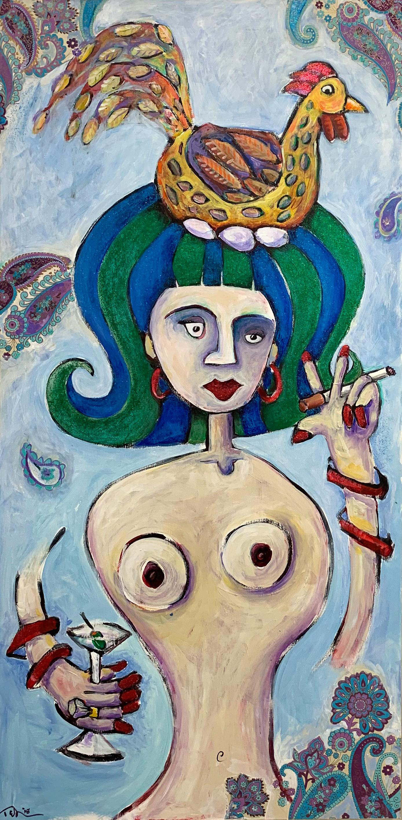 Ted Meyer Animal Painting - Woman with Chicken on her head