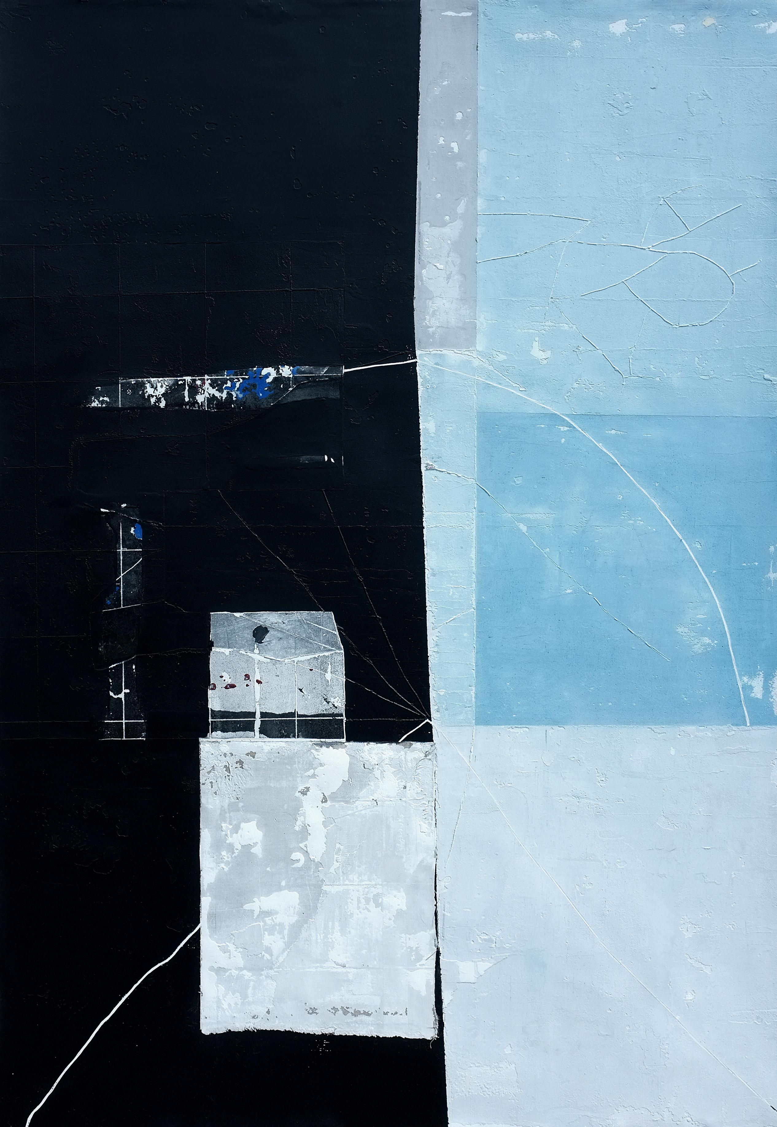 'Black and Blue Residue' by Antoine Puisais - bold symmetric mixed media on linen. It is an abstract collage with architectural geometrical patterns and intense blue accents. Its small size, graphic design, and tension between relaxing structure and