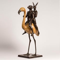Flamingo by Gillie & Marc, bronze sculpture, orange patina, dogman & rabbitgirl