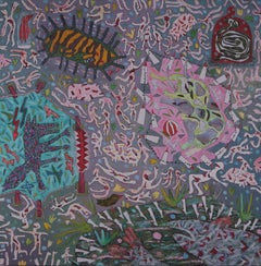 Zoo, Szilard Szilagyi, Abstract Animal Oil Painting, Expressionist, Purple, Blue