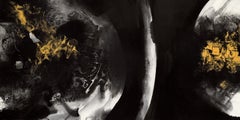 Dawn Sound, Contemporary Asian Abstract Painting Paper Black Ink Gold Chinese