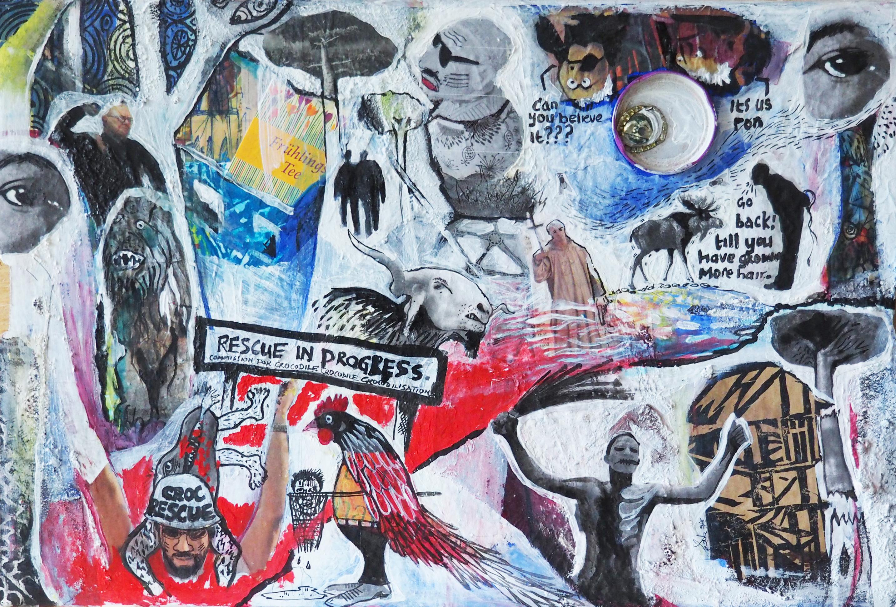 Olayanju Dada Abstract Painting - Congress of Demagogues, Contemporary Abstract African Mixed media Art Collage