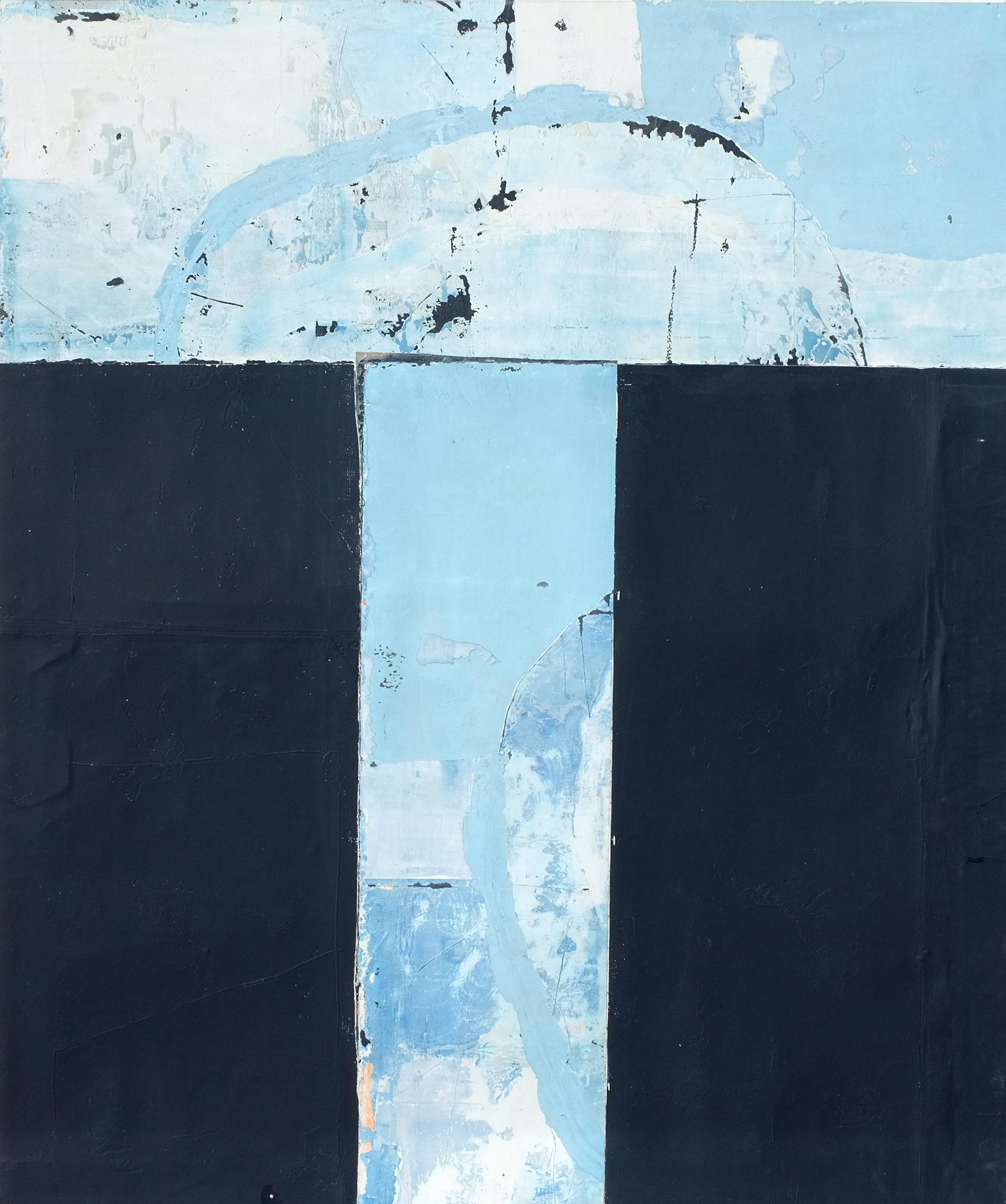 Antoine Puisais Abstract Painting - Blue Entrance, Contemporary Abstract Mixed media Collage Minimalist Blue Canvas