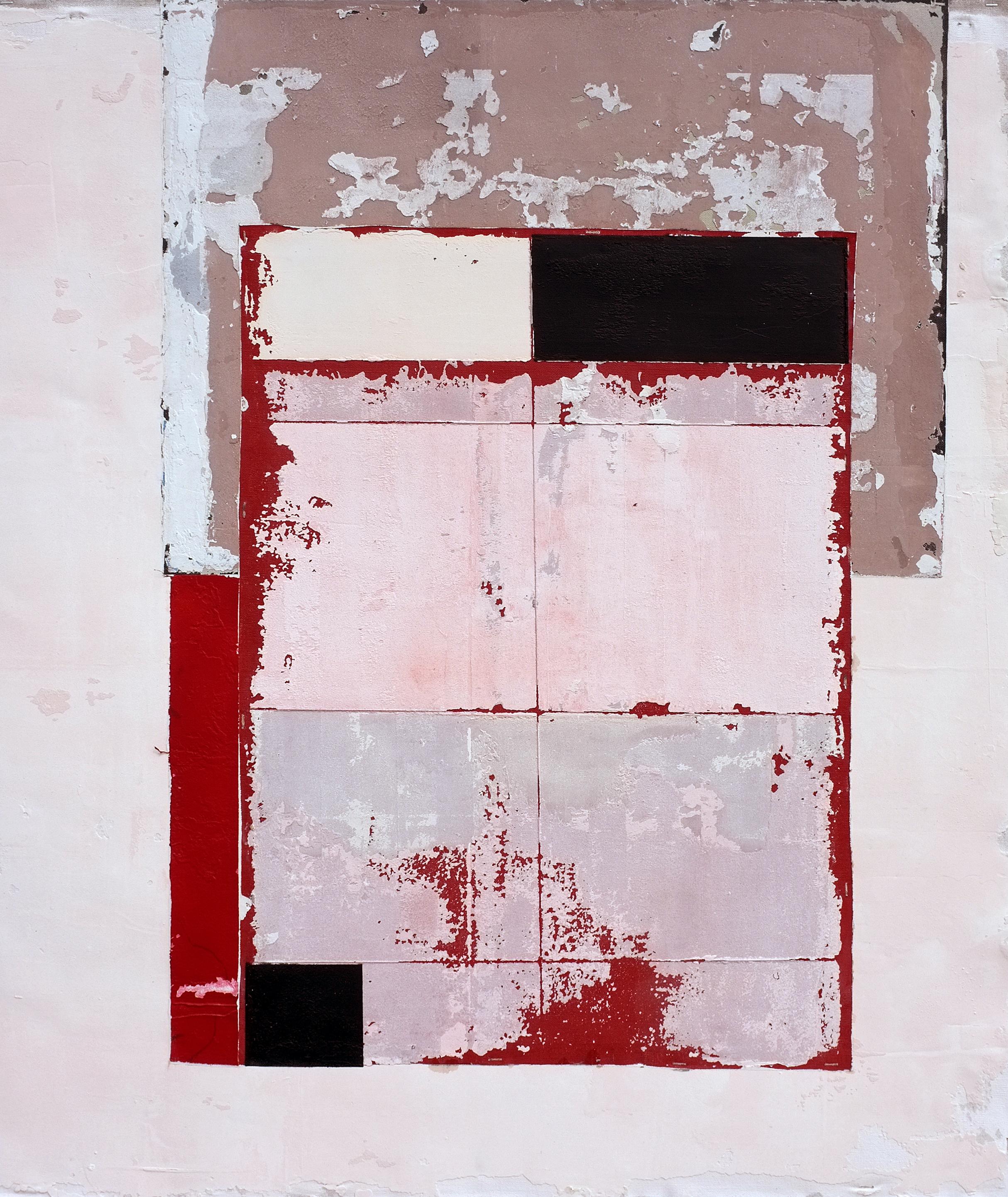 Antoine Puisais Interior Painting - Empty, Contemporary Abstract Mixed media Collage Pink Red Painting Canvas