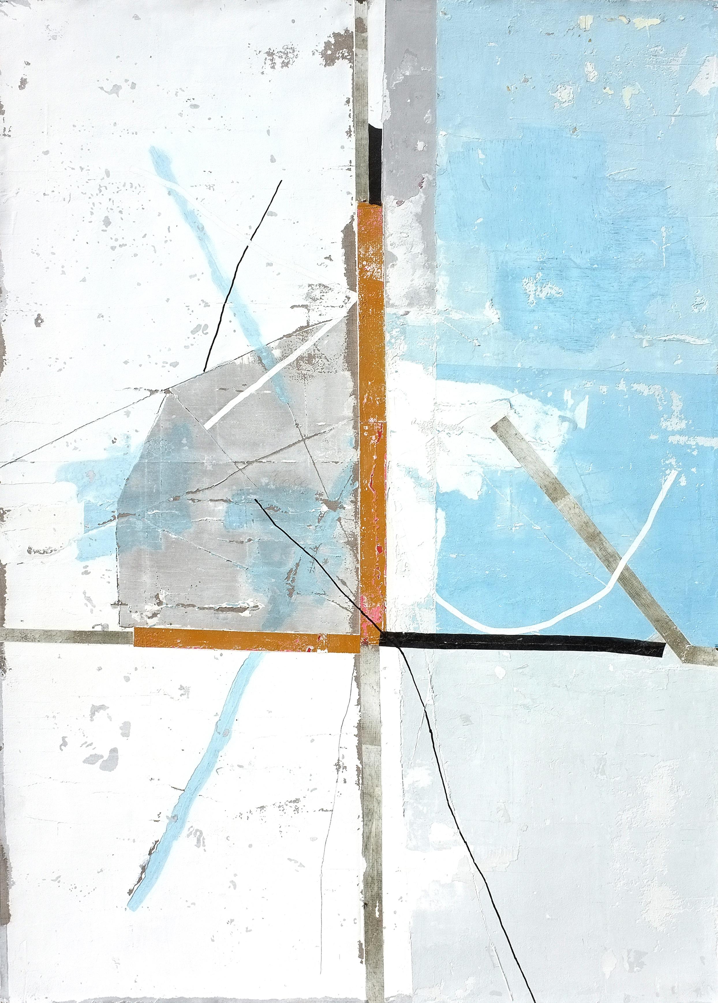 Antoine Puisais Abstract Painting - Grey Court, Contemporary Abstract Mixed media Minimalist Blue Painting Canvas