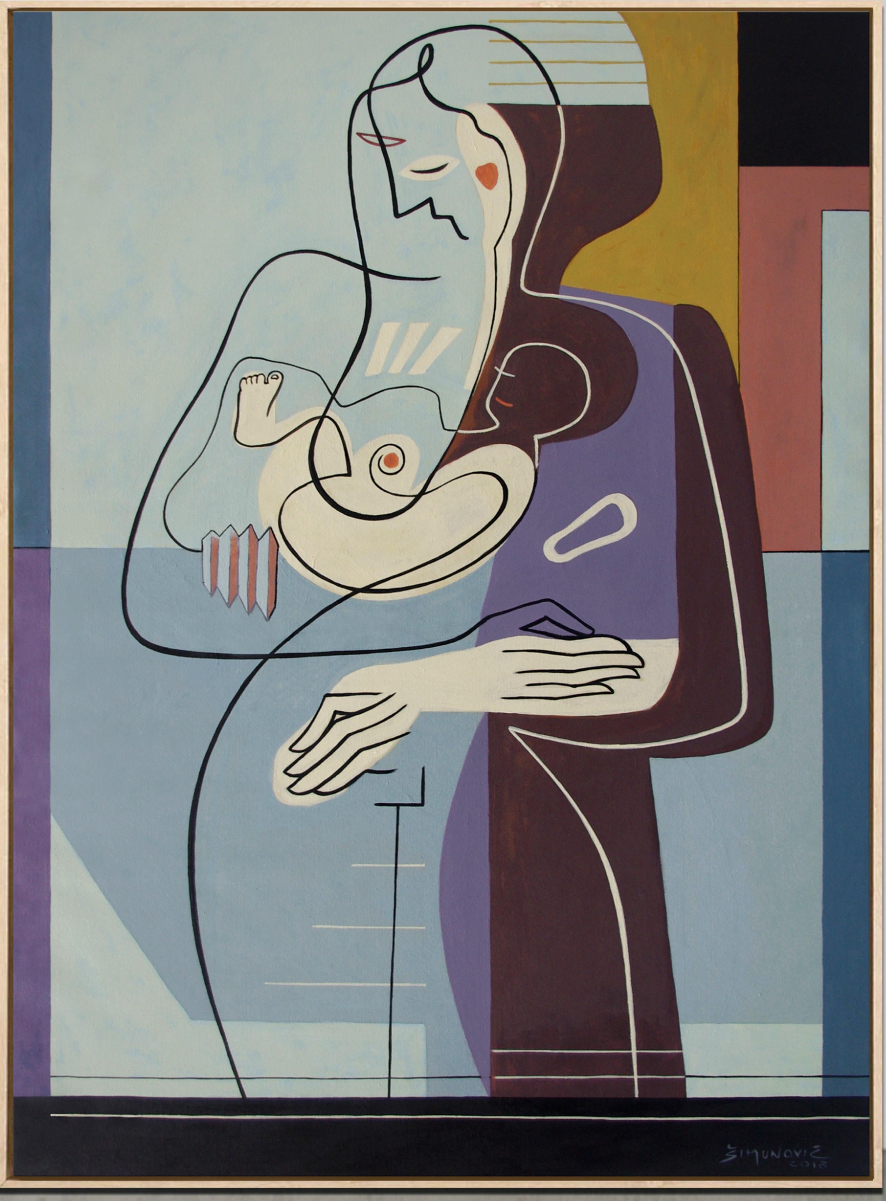 'Circle of Life' by Bernard Simunovic - an intimate abstract portrait of a woman holding a baby. The name of the painting gives this artwork a philosophical spin. The colorful geometric pattern and soft lines outlining a silhouette of a figure make