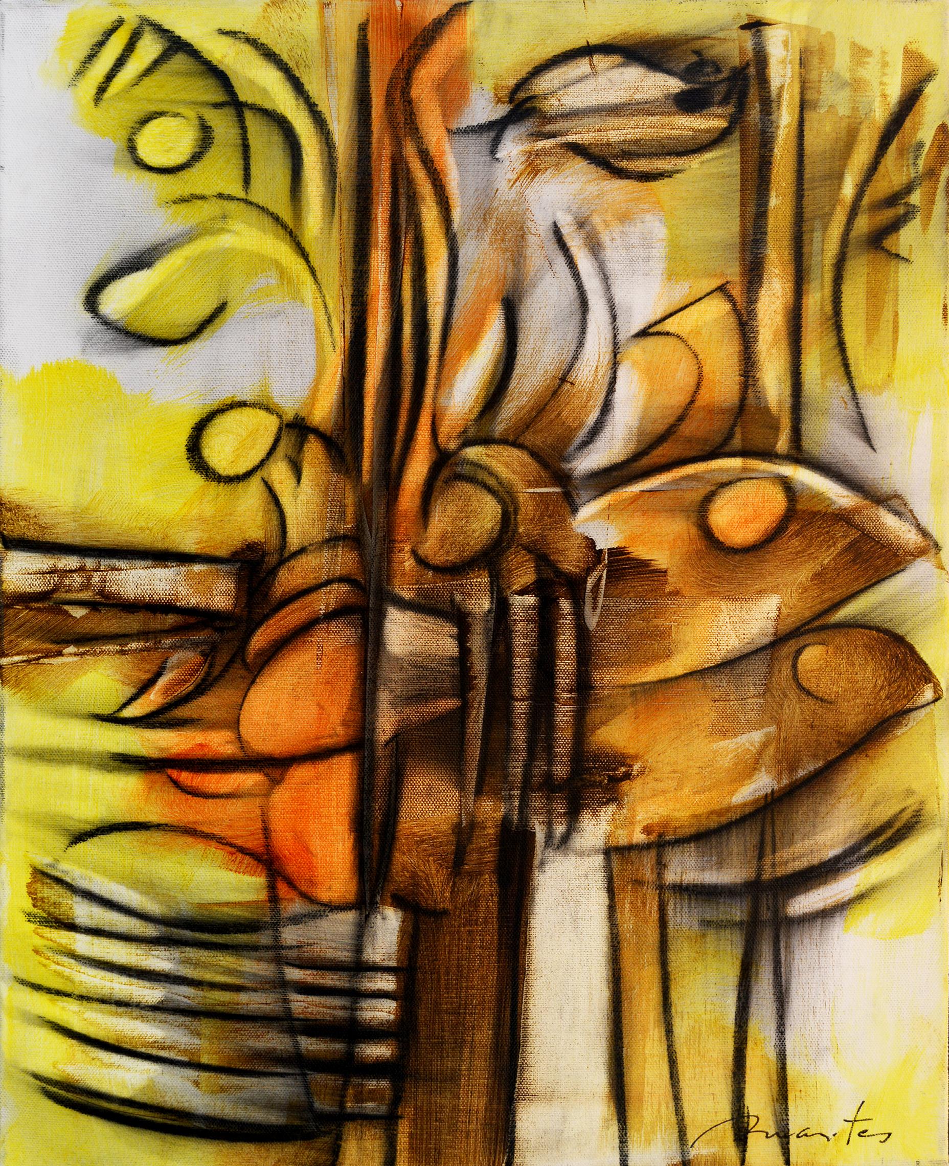 Rolando Duartes Abstract Painting - Fugue, Contemporary Abstract Acrylic Charcoal Painting Expressionist Yellow