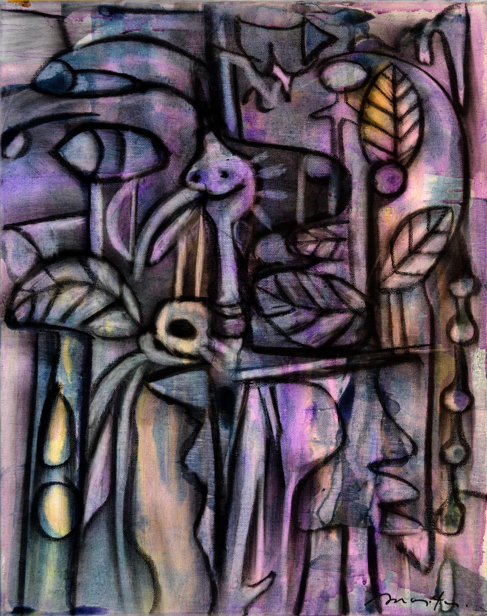 Rolando Duartes Figurative Painting - Jungle, Contemporary Abstract Art Acrylic Charcoal Painting Canvas Purple Black
