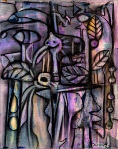 Jungle, Contemporary Abstract Art Acrylic Charcoal Painting Canvas Purple Black