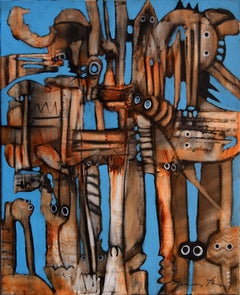 Observers, Contemporary Abstract Art Acrylic Charcoal Painting Canvas Orange