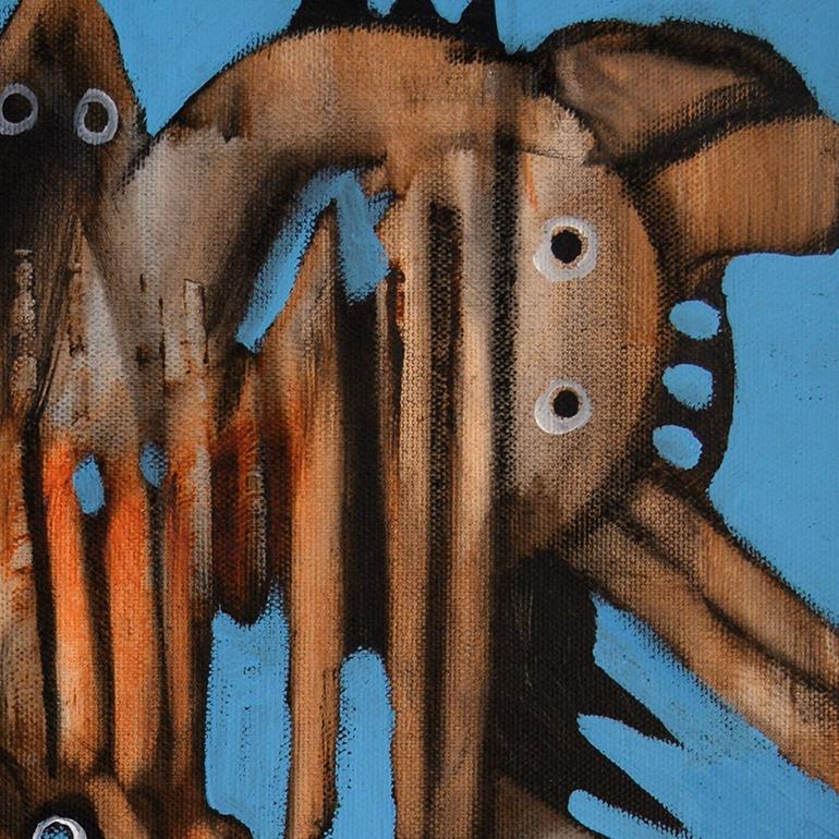 'Observers' by Rolando Duartes is a magic contemporary abstract art, it is an acrylic and charcoal painting on canvas with positive figurative elements (nature, animals, human faces). The playful style of the painting, its bright pattern and its